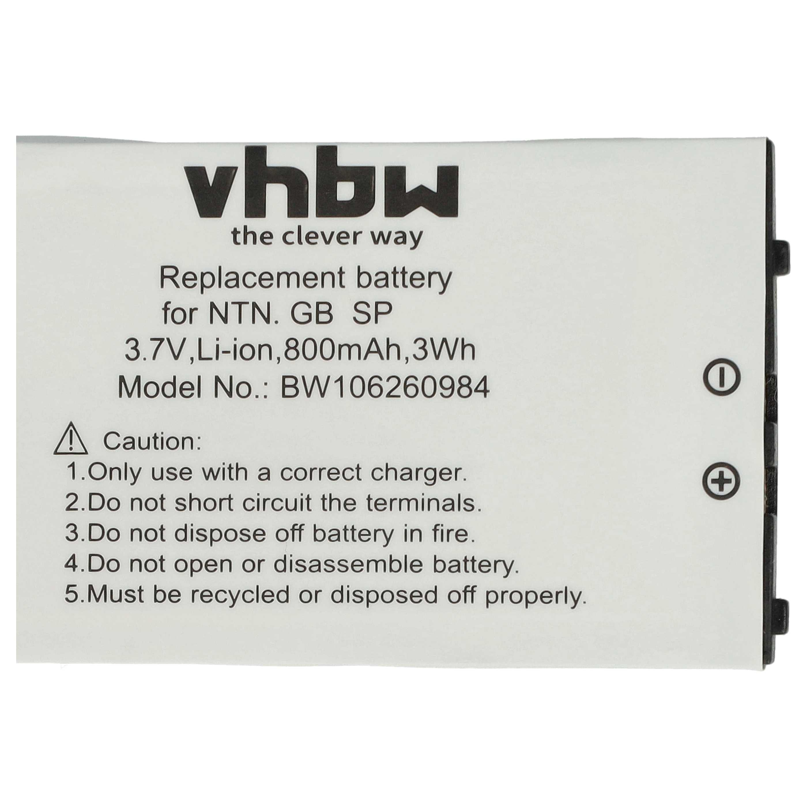 Ein weißer Akku mit schwarzem Text. Der Text enthält 'vhbw', 'Ersatzbatterie' und Vorsichtshinweise.