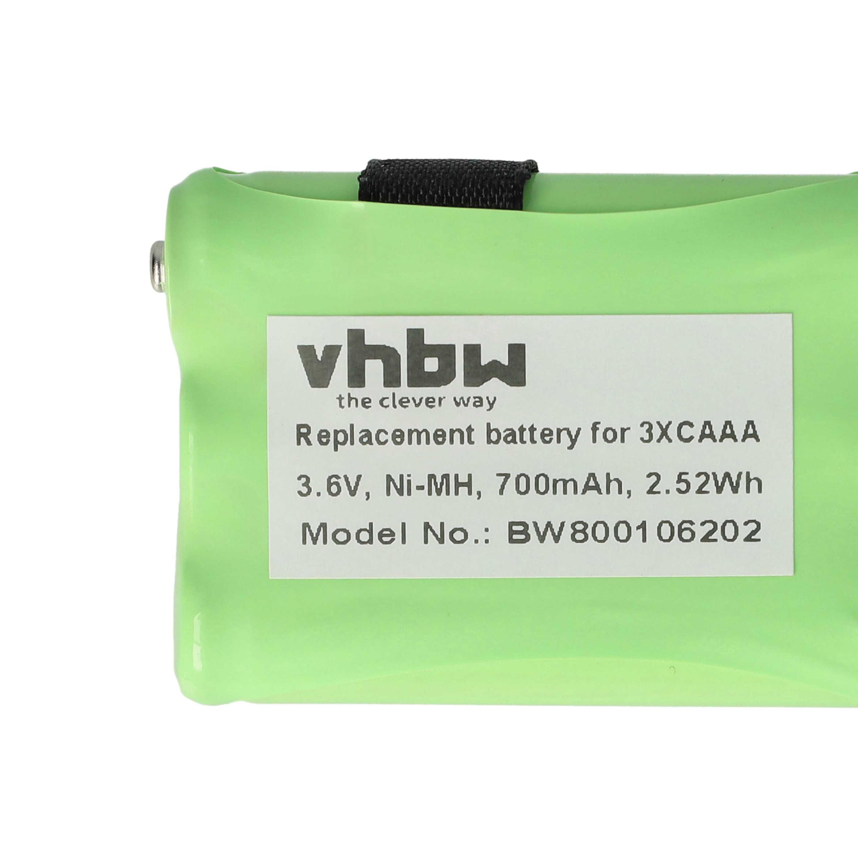Eine grüne Batterie mit Etikett. Das Etikett sagt vhbw, Ersatzbatterie für 3XCAAA, 3.6V, Ni-MH, 700mAh, 2.52Wh und Modell-Nr.: BW800106202.