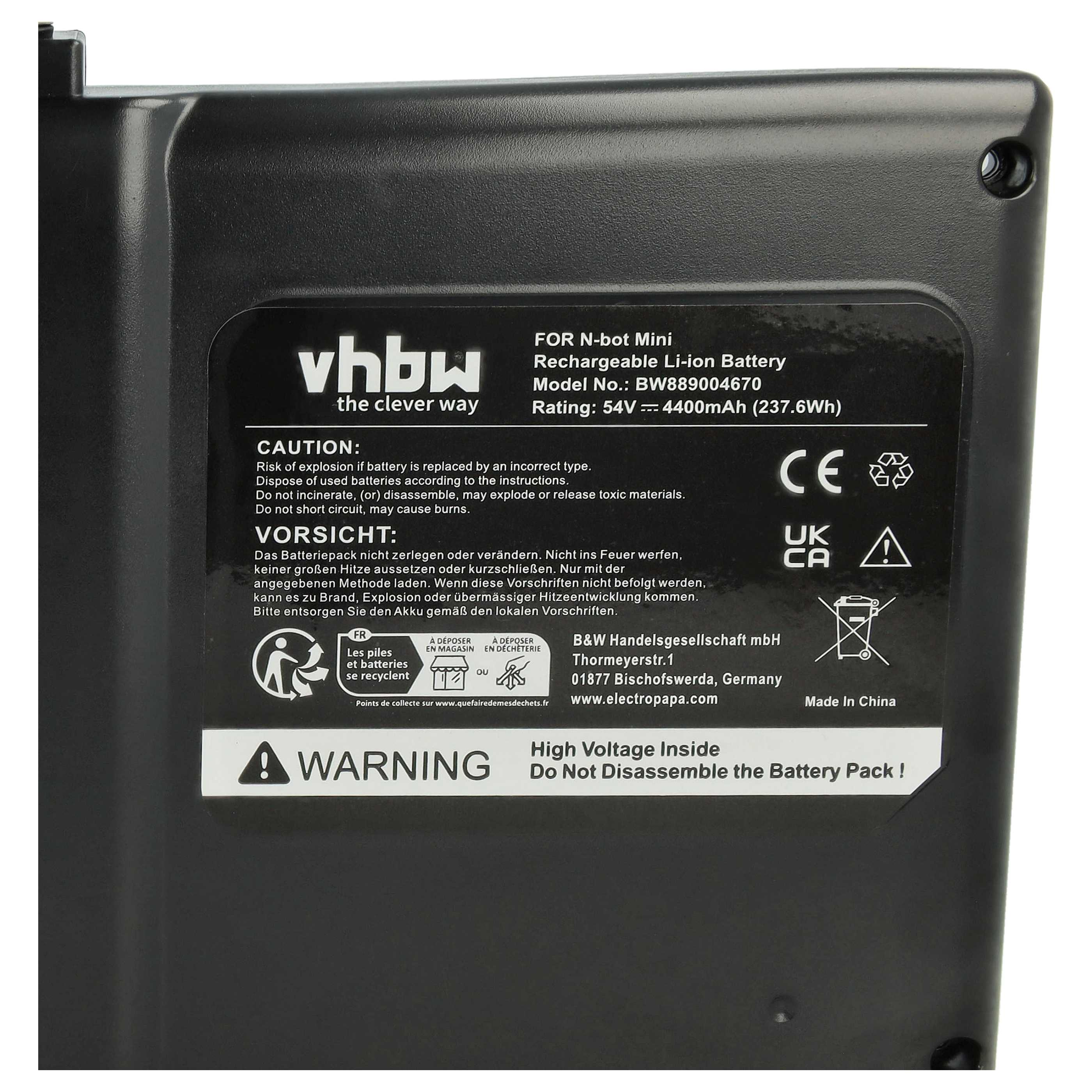Schwarzer Akku mit Warnhinweisen und Text. Mit vhbw-Logo und technischen Daten.