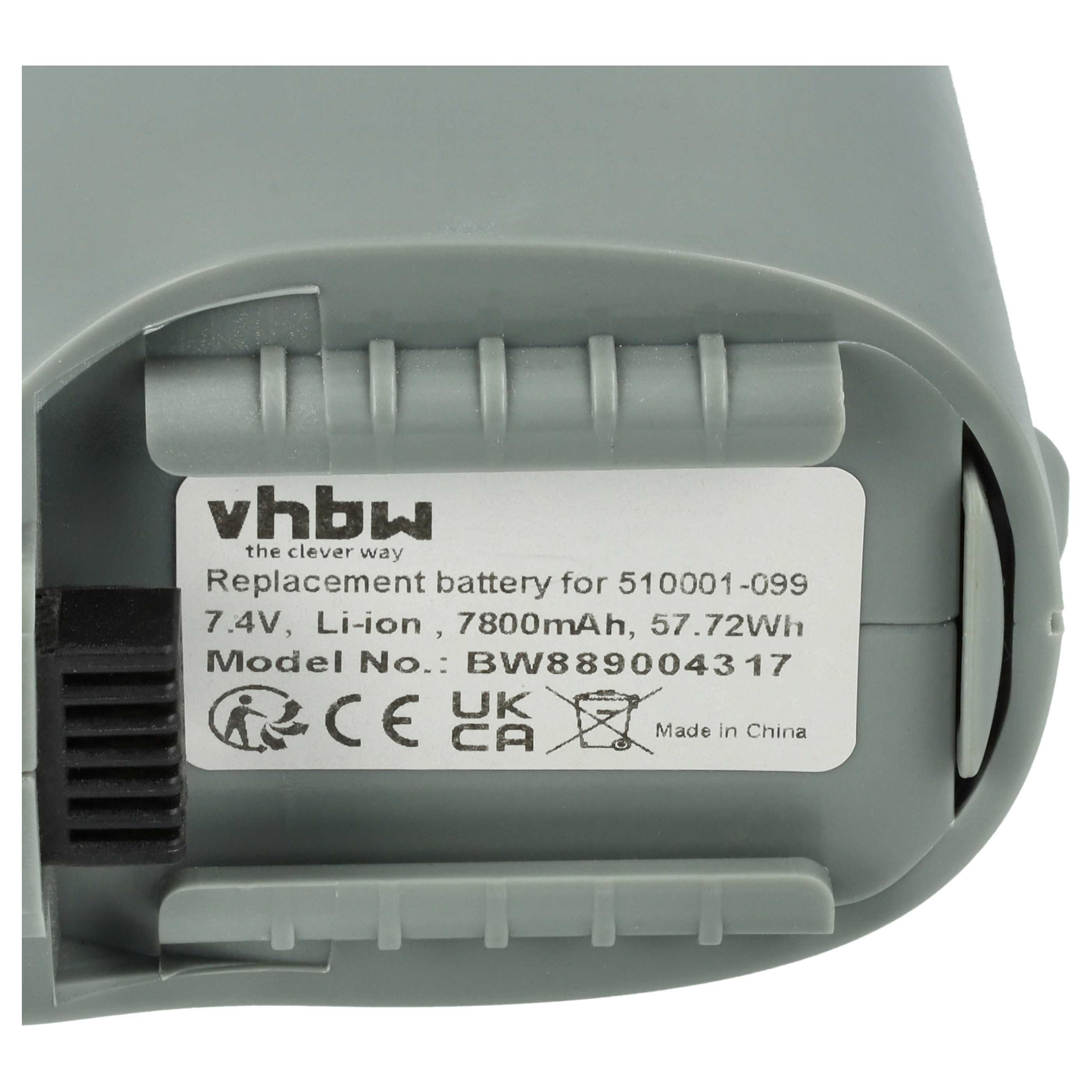 Grauer Akku mit weißem Etikett. Das Etikett hat Text mit 'vhbw', '7.4V Li-ion' und einer Modellnummer. Hergestellt in China.
