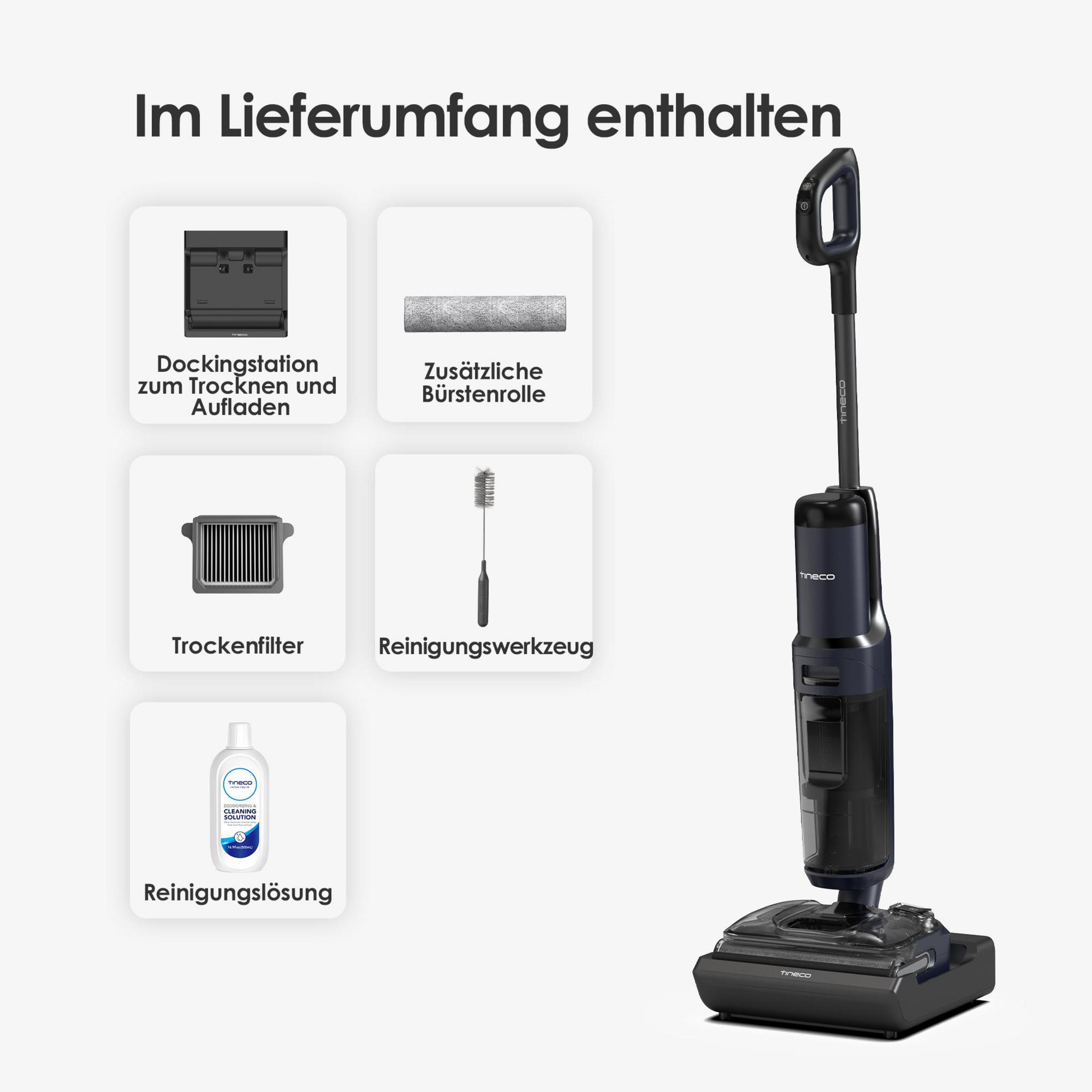 Odkurzacz pionowy ze stacją dokującą, filtrem, szczotką, roztworem czyszczącym i zapasowym wałkiem szczotki.