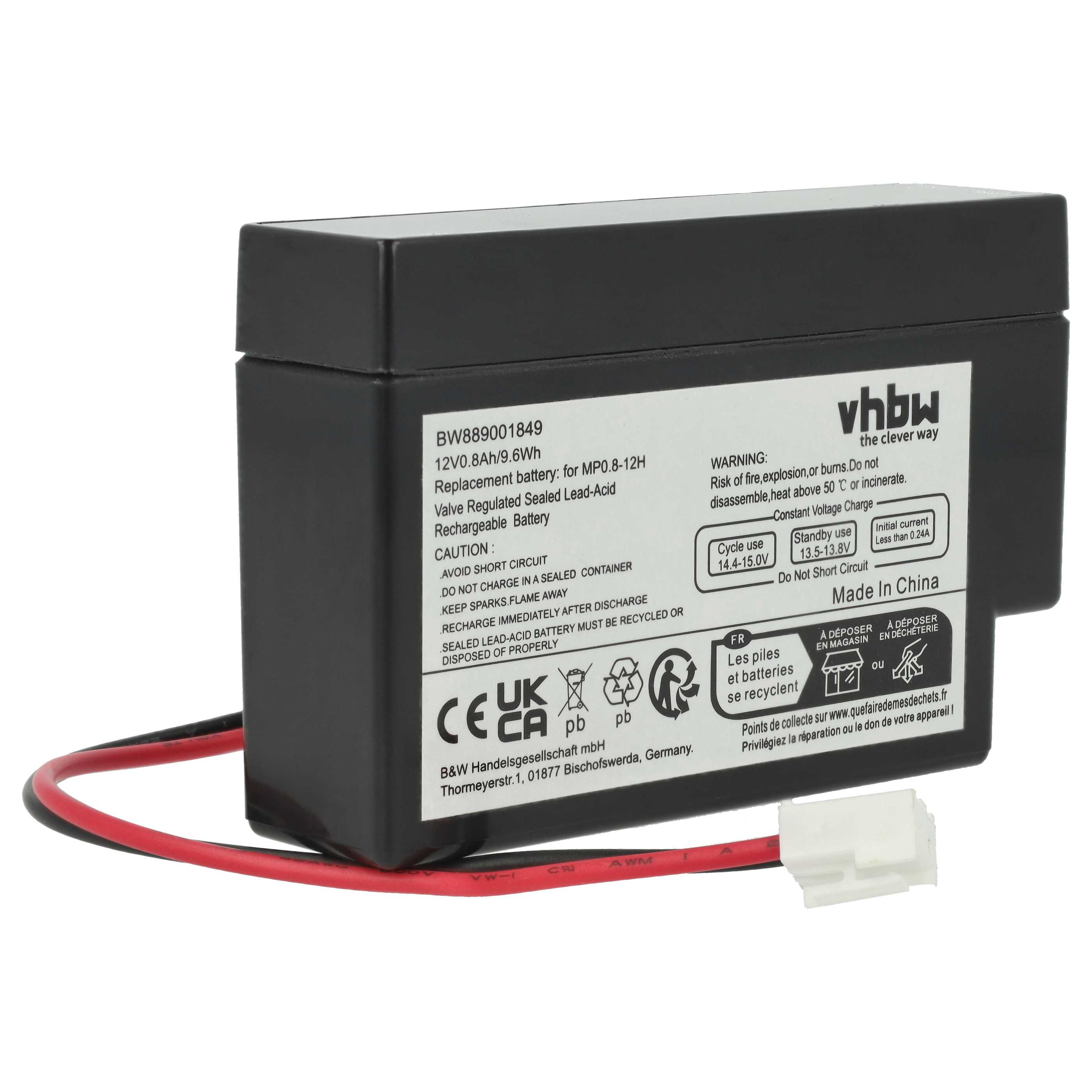 Schwarze Batterie mit Etikett und rot/schwarzen Kabeln. Text enthält Warnungen und Recycling-Informationen.