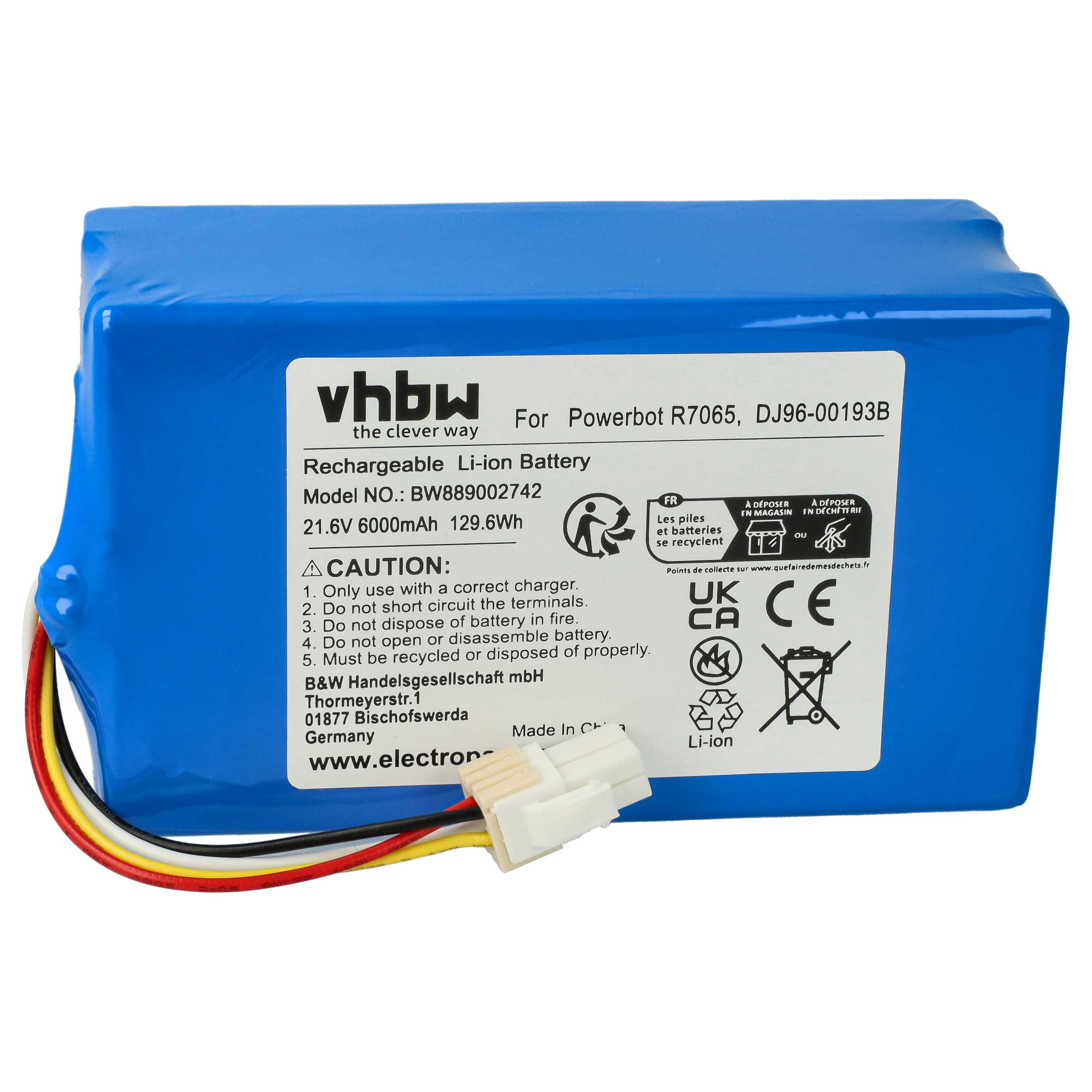Blaue, wiederaufladbare Li-Ionen-Batterie mit Warnhinweisen und Recycling-Symbolen.