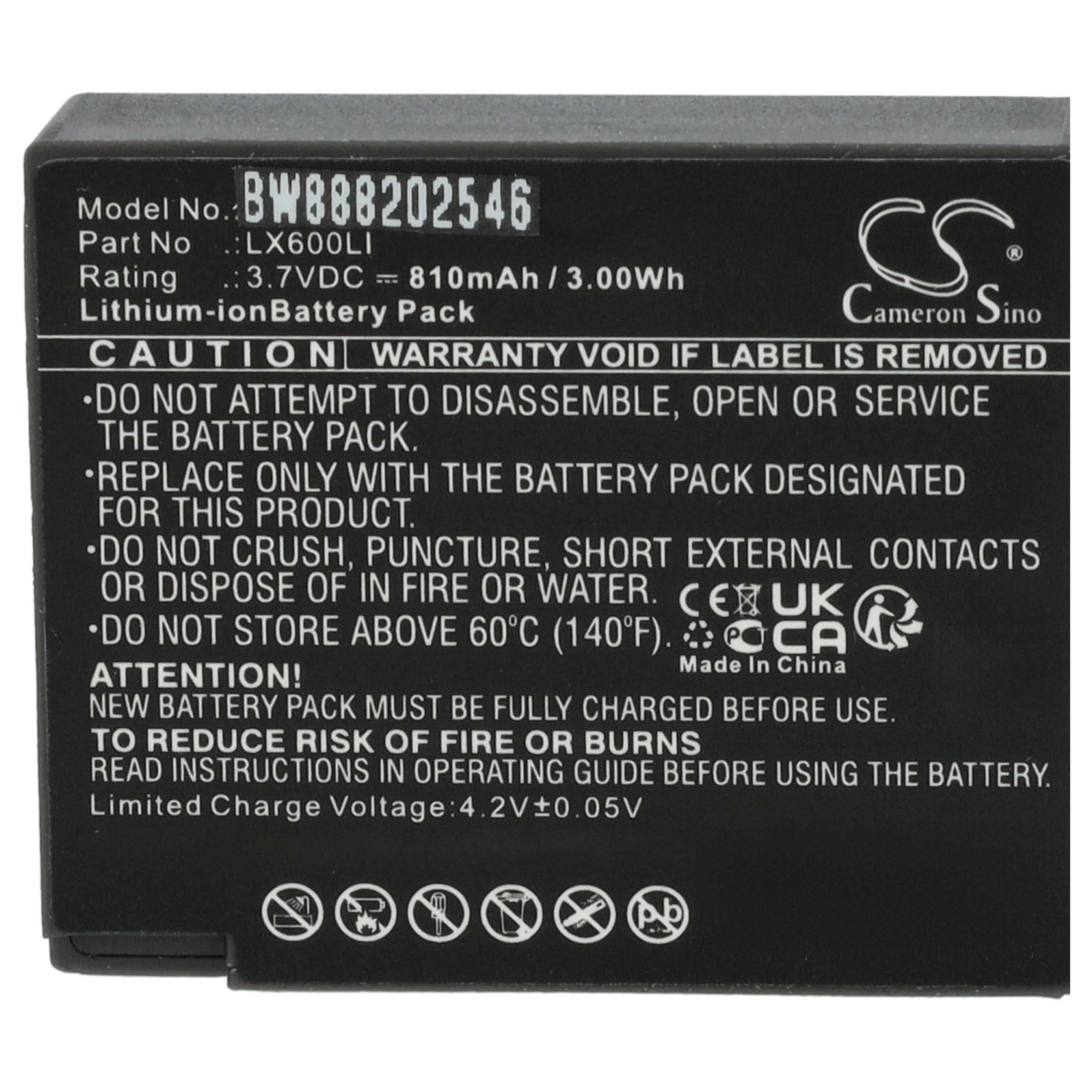 Ein schwarzes Akku-Etikett mit weißem Text, Modell- und Sicherheitshinweisen. Die Marke ist Cameron Sino.