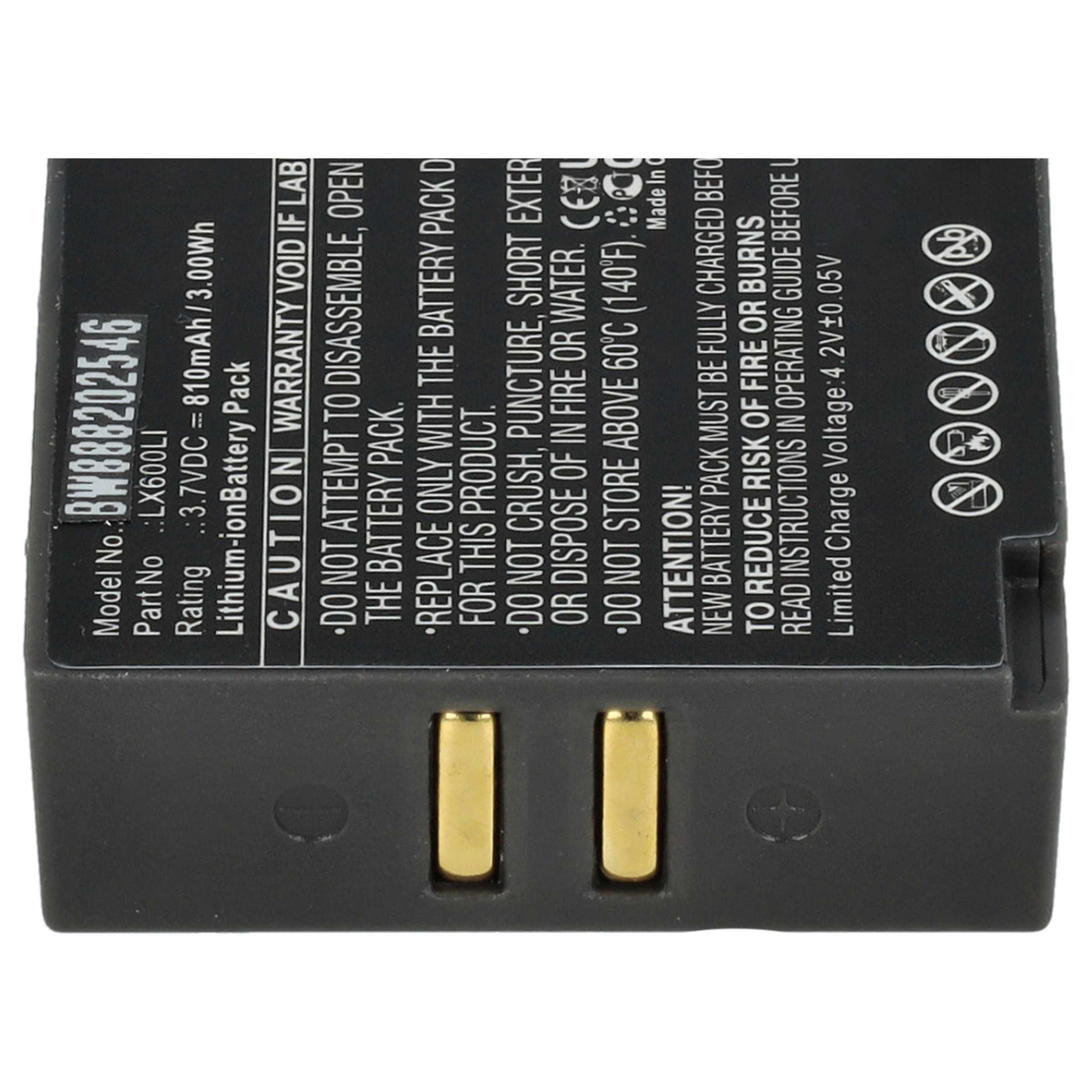 Ein schwarzes Akkupack mit goldenen Anschlüssen, Etikett mit Text, einschließlich Modellnummer und Sicherheitshinweisen.