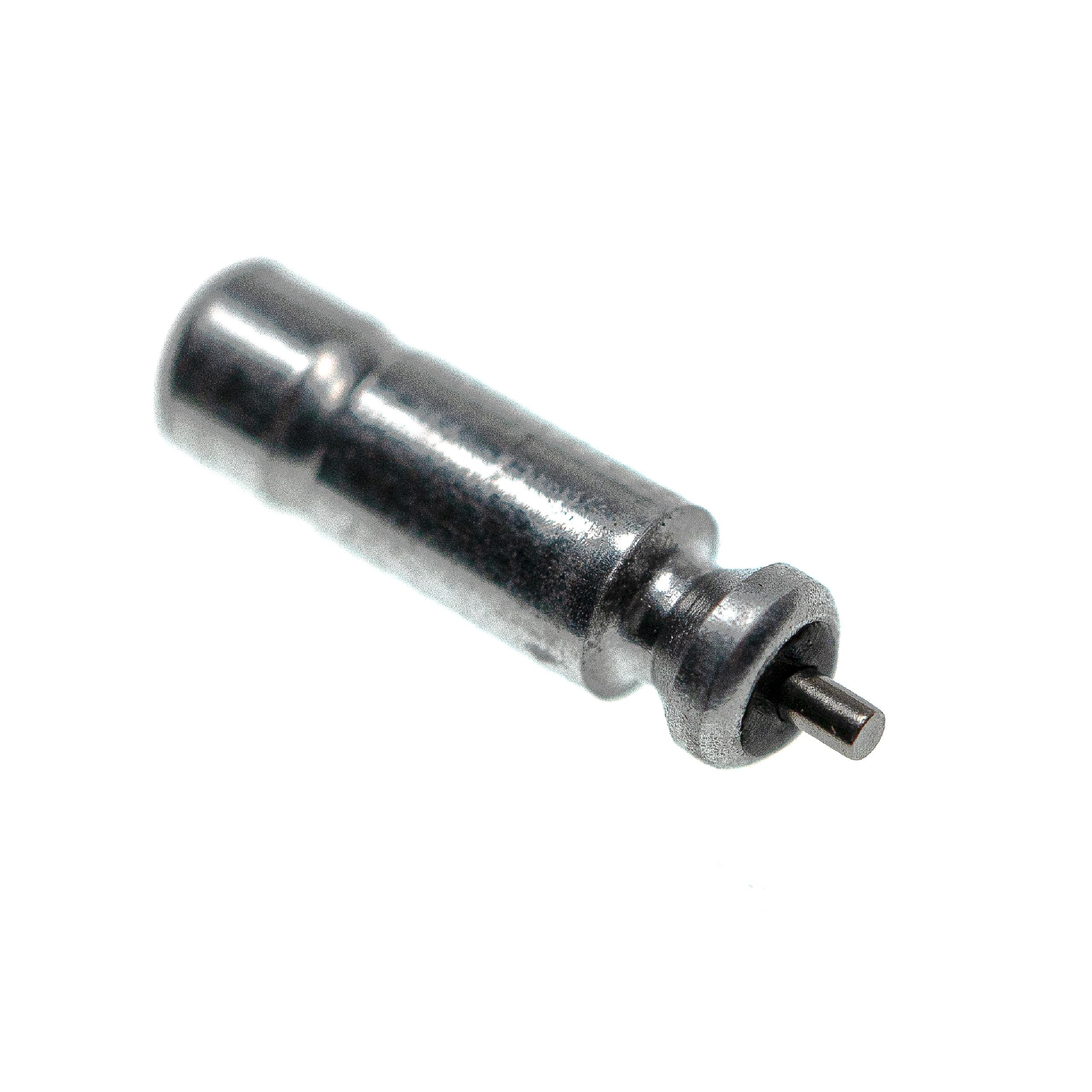 Ein metallischer zylindrischer Gegenstand mit einem kleinen Stift an einem Ende, vor weißem Hintergrund.