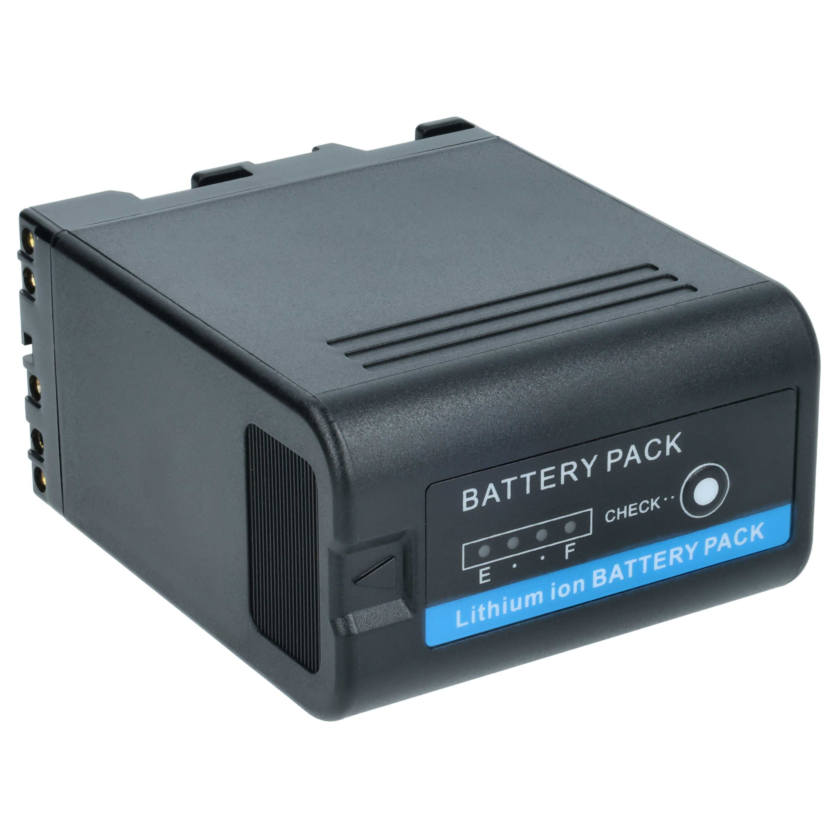Schwarzer Akku mit blauem Etikett. Er hat eine Batteriestandsanzeige und den Text "BATTERY PACK".