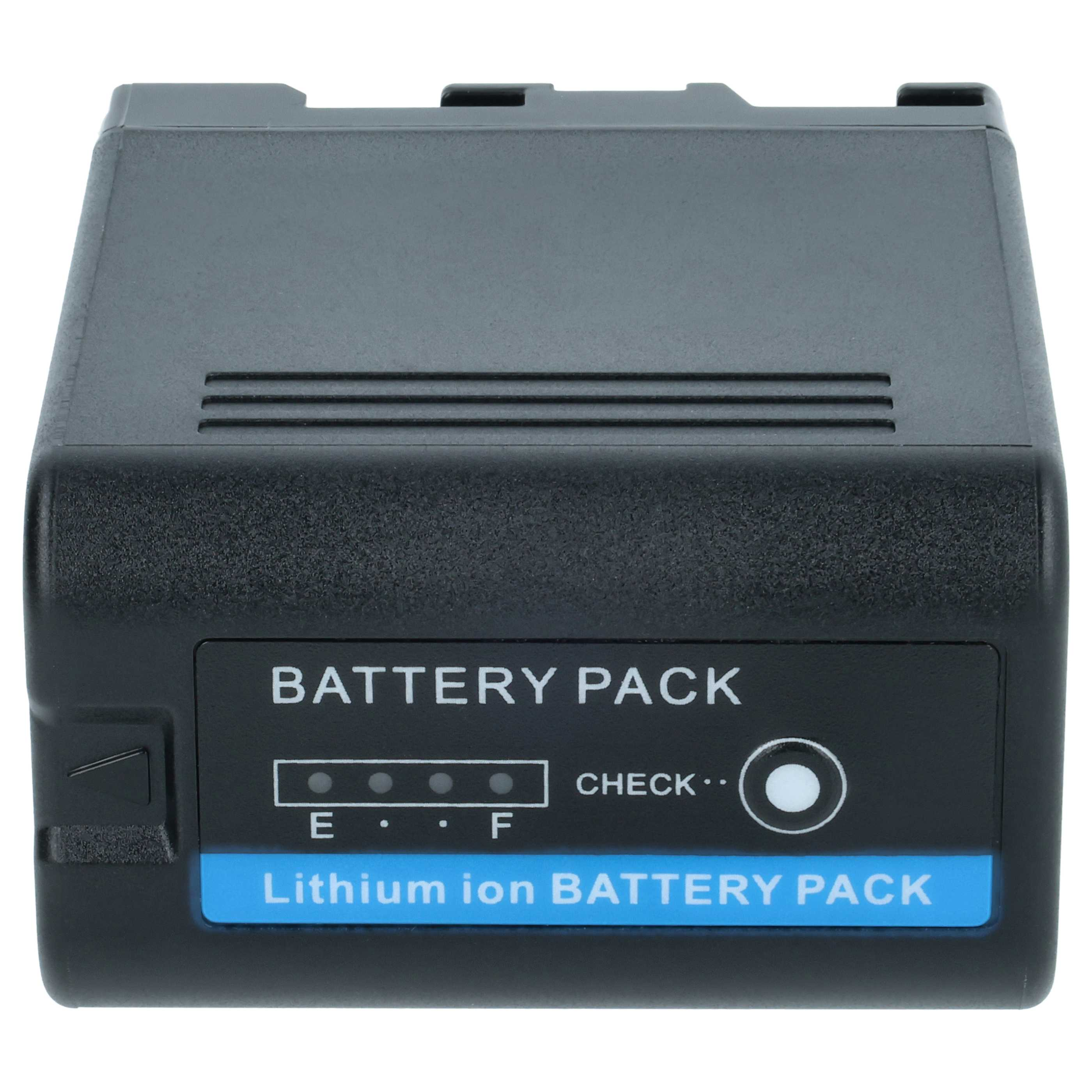 Schwarzer rechteckiger Akku, beschriftet mit 'Battery Pack' mit einer Akkuanzeige und den Worten 'Lithium-Ionen-Akku'