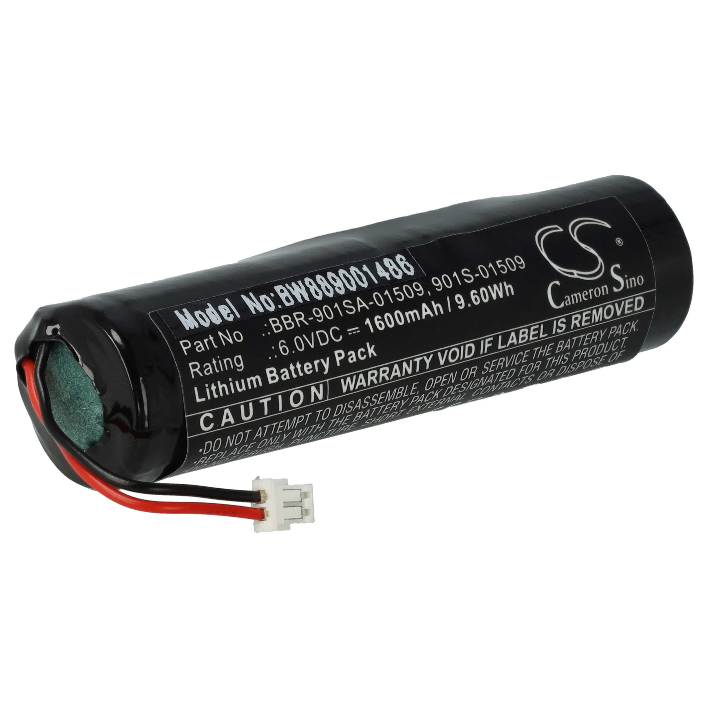 Schwarzer Akku mit Textetiketten, roten und schwarzen Drähten und einem weißen Stecker. Der Akku ist zylindrisch.