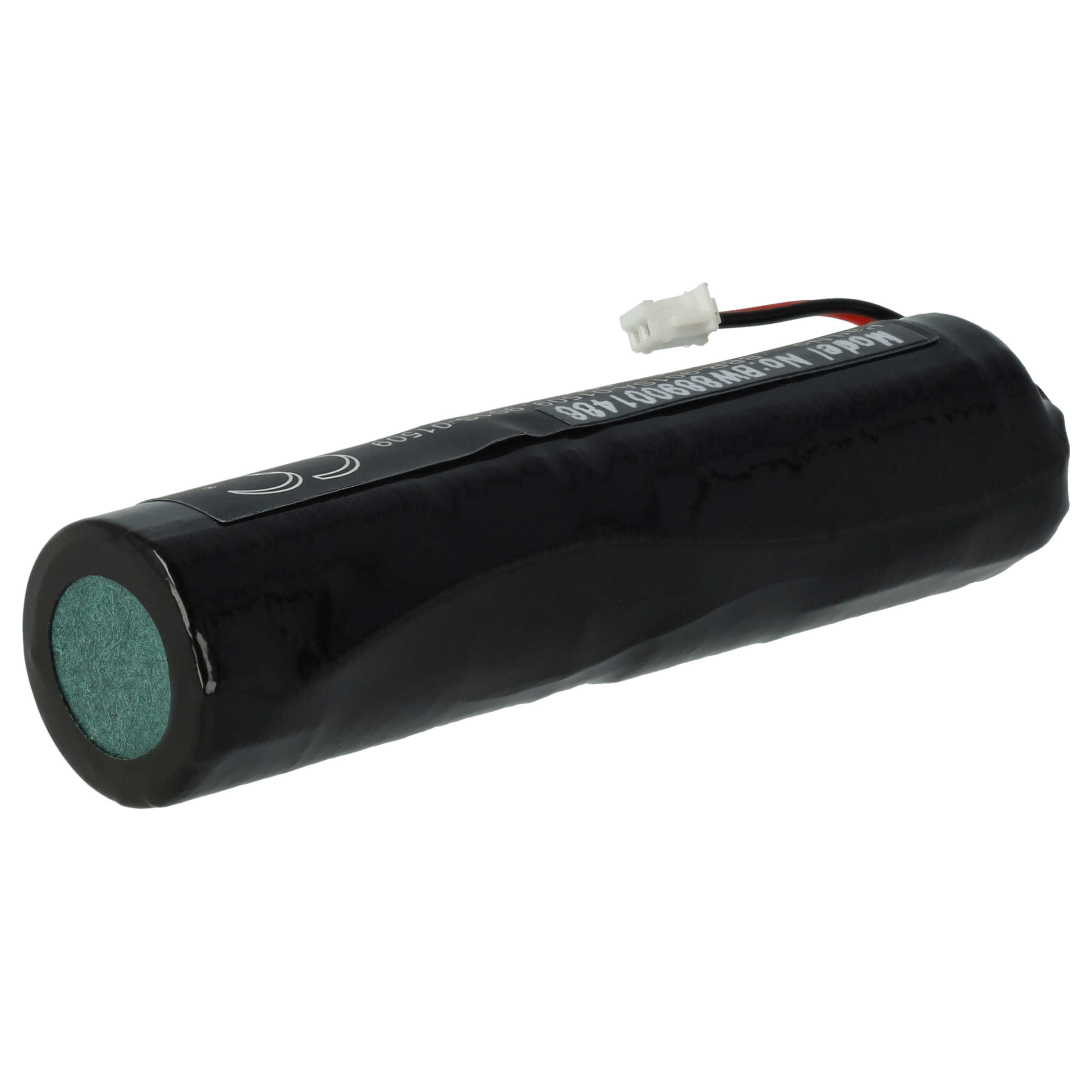 Eine schwarze zylindrische Batterie mit grünem Ende, weißem Stecker und schwarzen und roten Drähten. Sie befindet sich auf weißem Hintergrund.