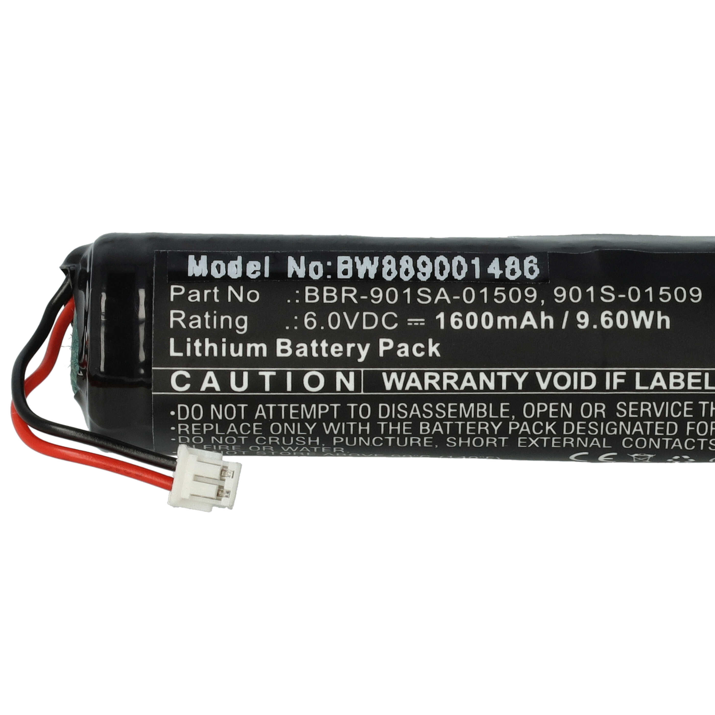 Ein schwarzes Akkupack mit weißen Textdetails. Drähte mit weißem Stecker sind befestigt.