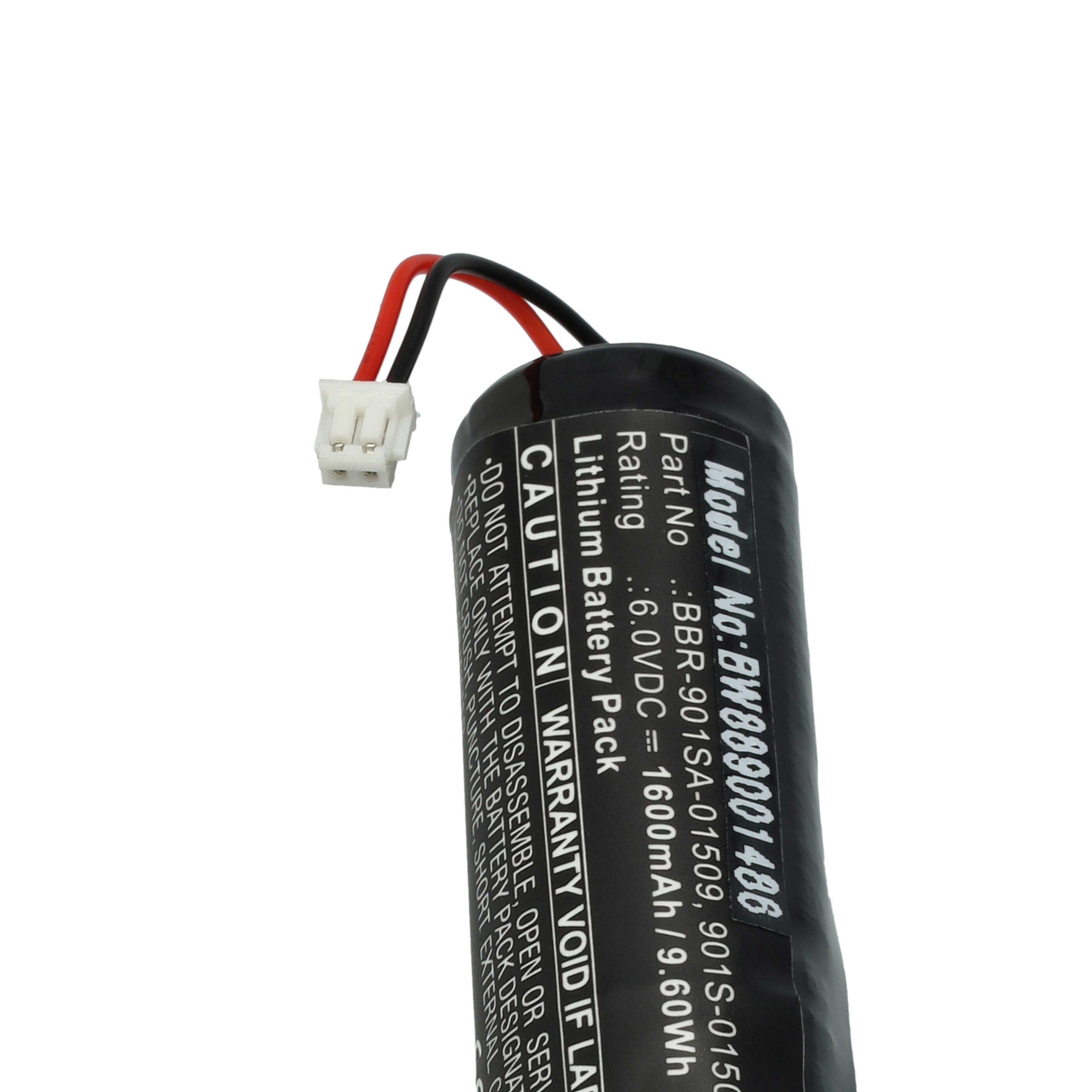 Eine schwarze zylindrische Batterie mit weißem Stecker und roten/schwarzen Drähten. Text auf der Batterie lautet 'Lithium Battery Pack'.