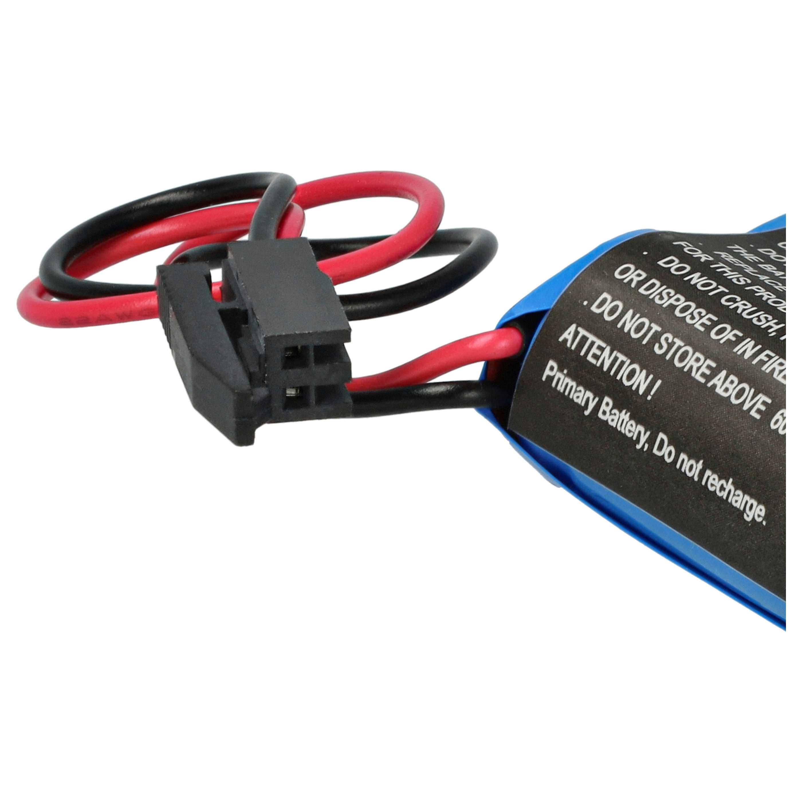 Nahaufnahme einer Batterie mit schwarzen und roten Drähten und einem schwarzen Stecker. Auf der Batterie steht: 'Nicht wiederaufladen'.