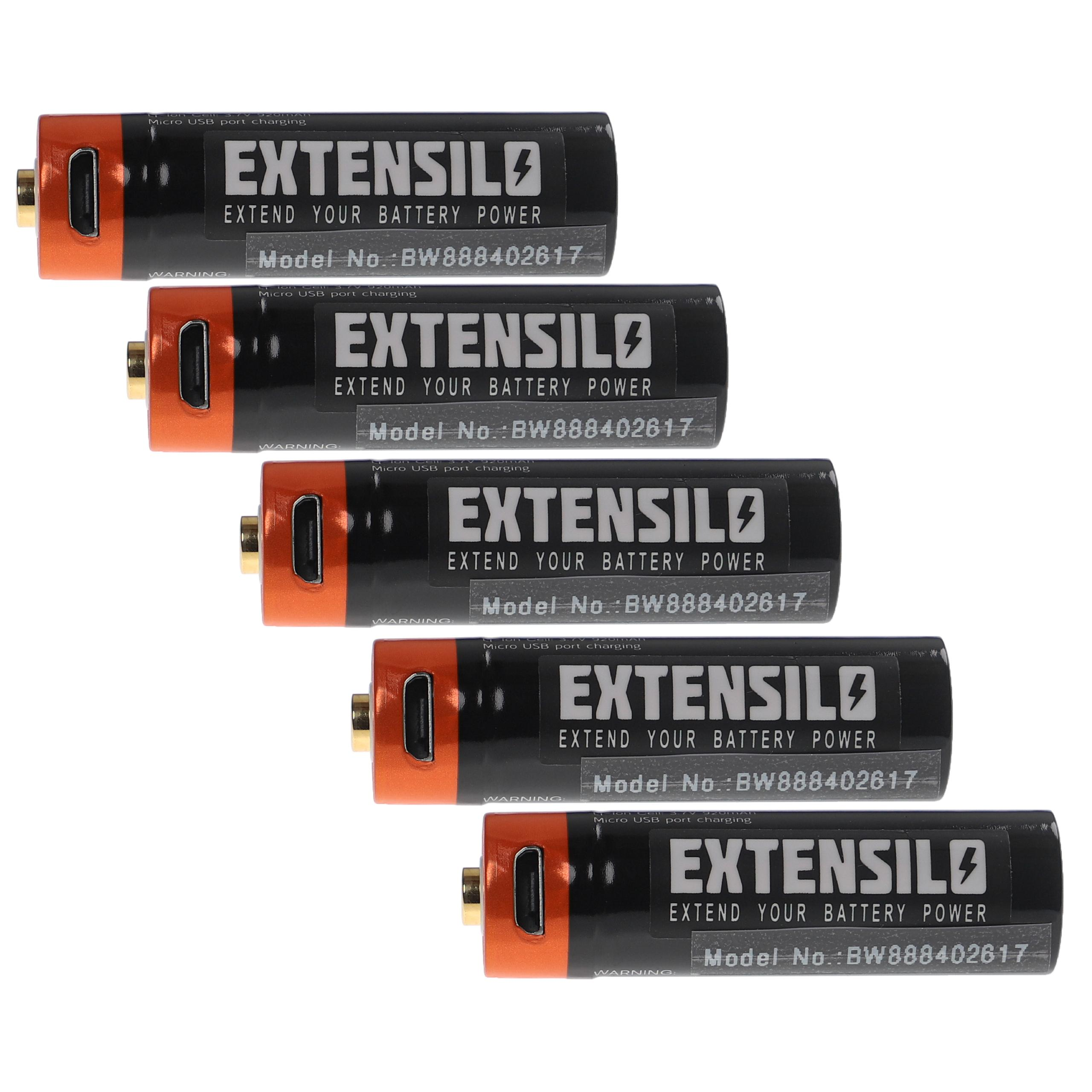 Fünf schwarz-orange EXTENSILO-Batterien sind vertikal angeordnet, jede mit Modellnummer und USB-Anschluss vor weißem Hintergrund.