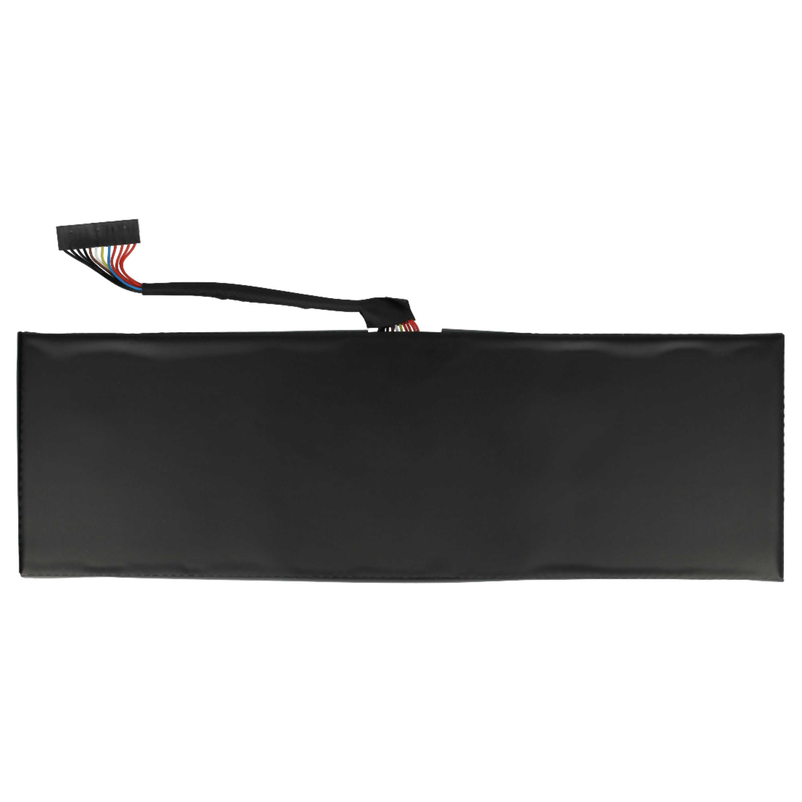 Schwarzer rechteckiger Laptop-Akku mit mehrfarbigen Drähten und Stecker oben, isoliert auf weißem Hintergrund.