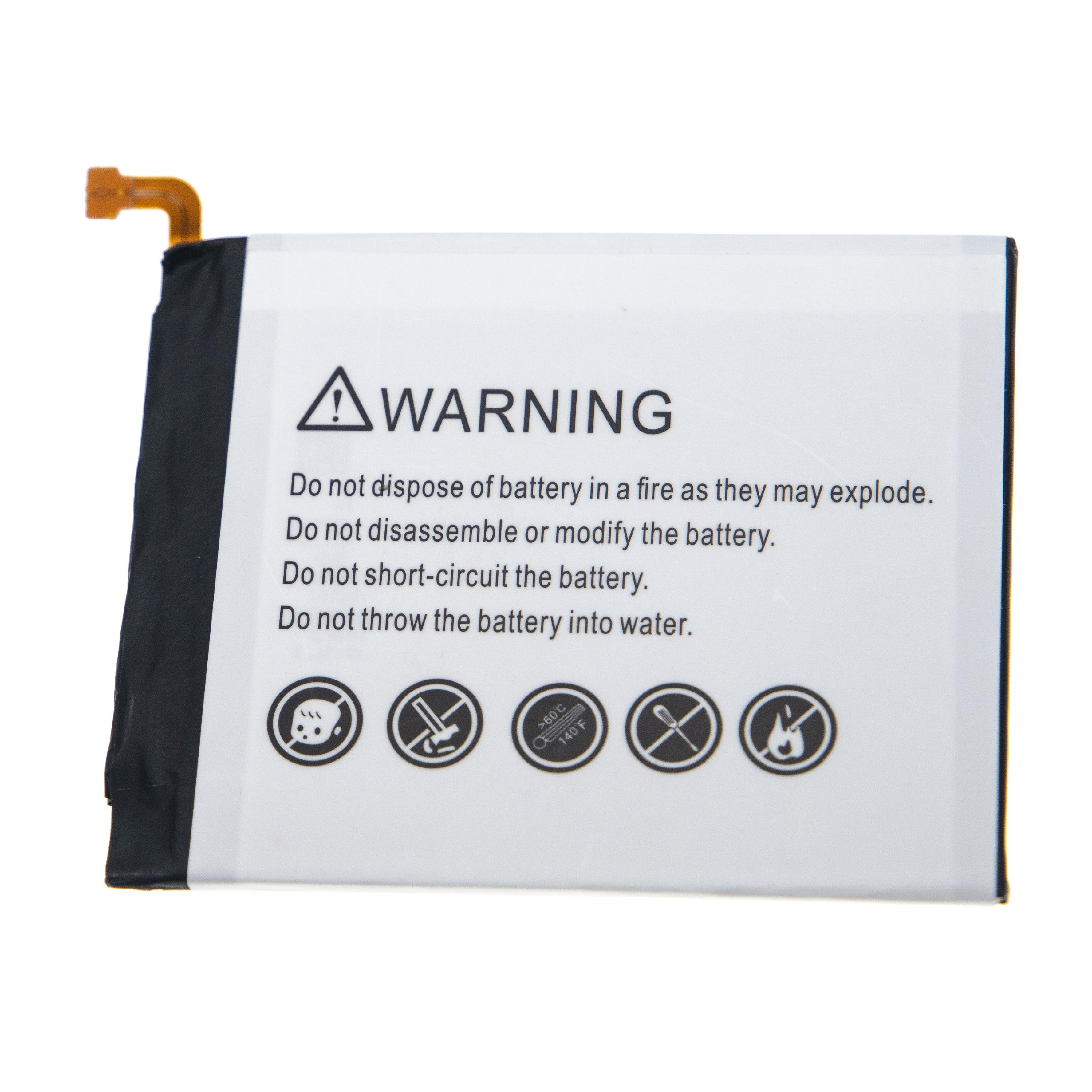 Eine Batterie mit Warnhinweis wird angezeigt. Das Etikett enthält Sicherheitshinweise und Verbotszeichen.