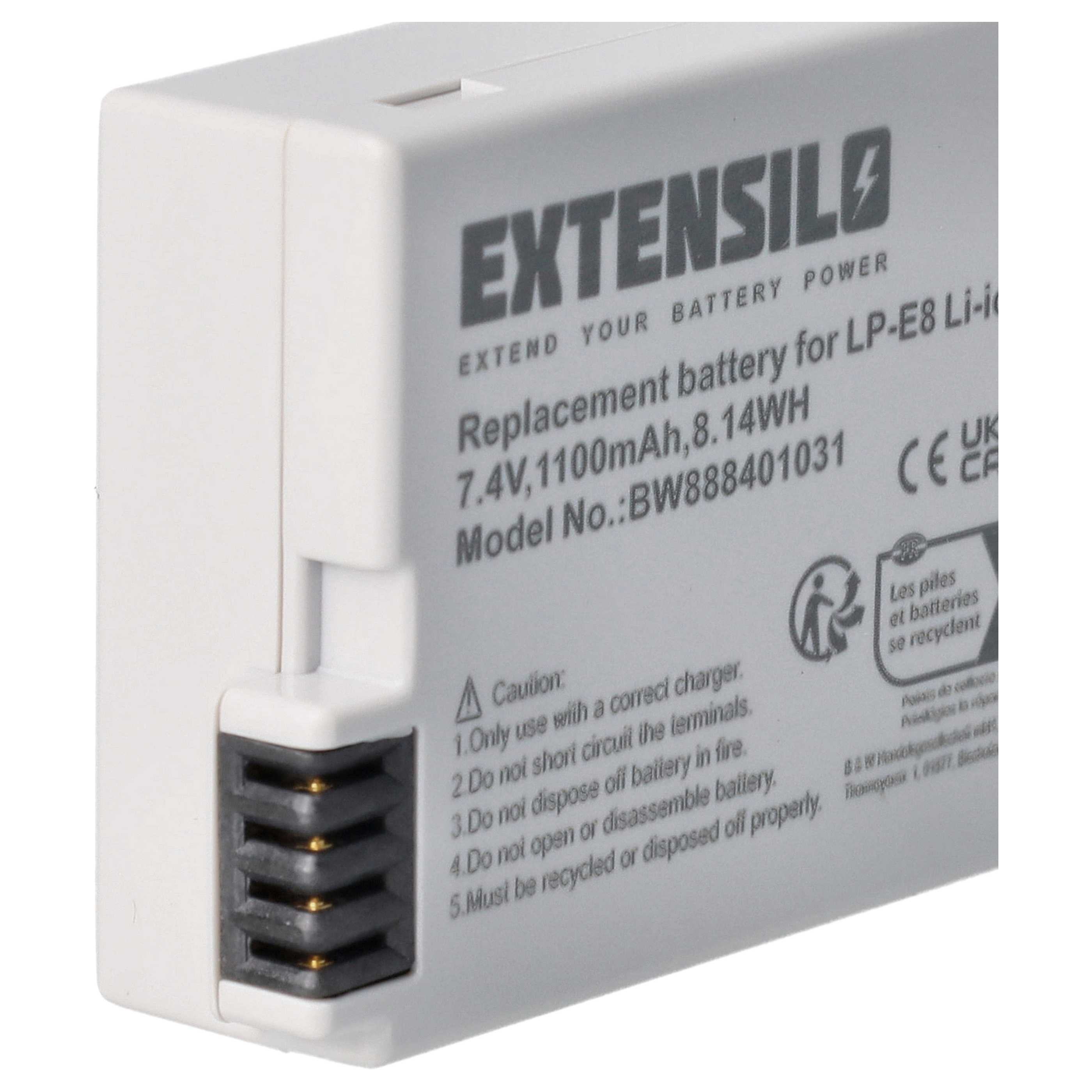 Ein weißer Akku mit schwarzem Text, einschließlich des Markennamens 'EXTENSILO' und technischer Details.
