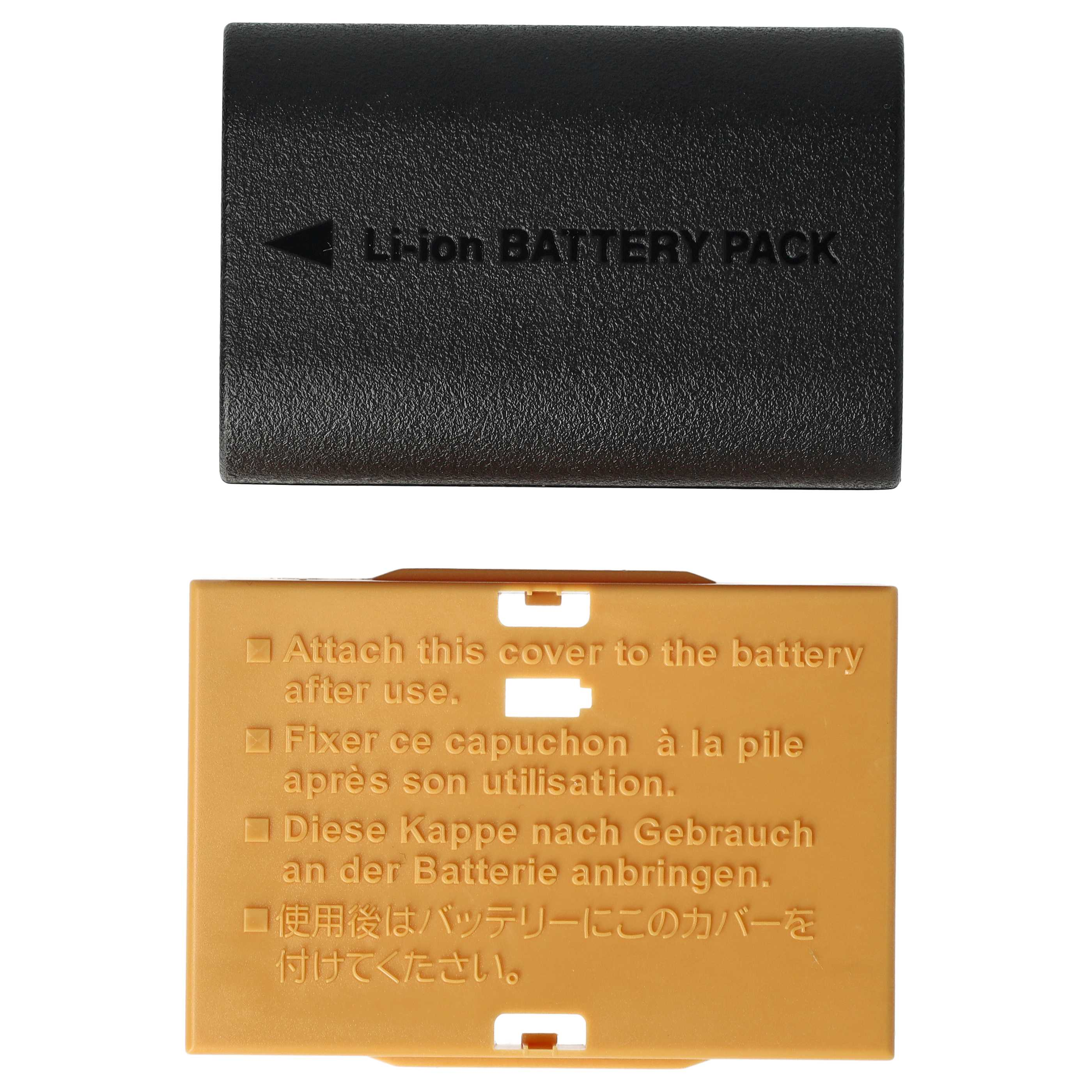 Schwarze Batterieabdeckung mit Text 'Li-ion BATTERY PACK' oben und eine hellbraune Abdeckung mit Anweisungen unten.