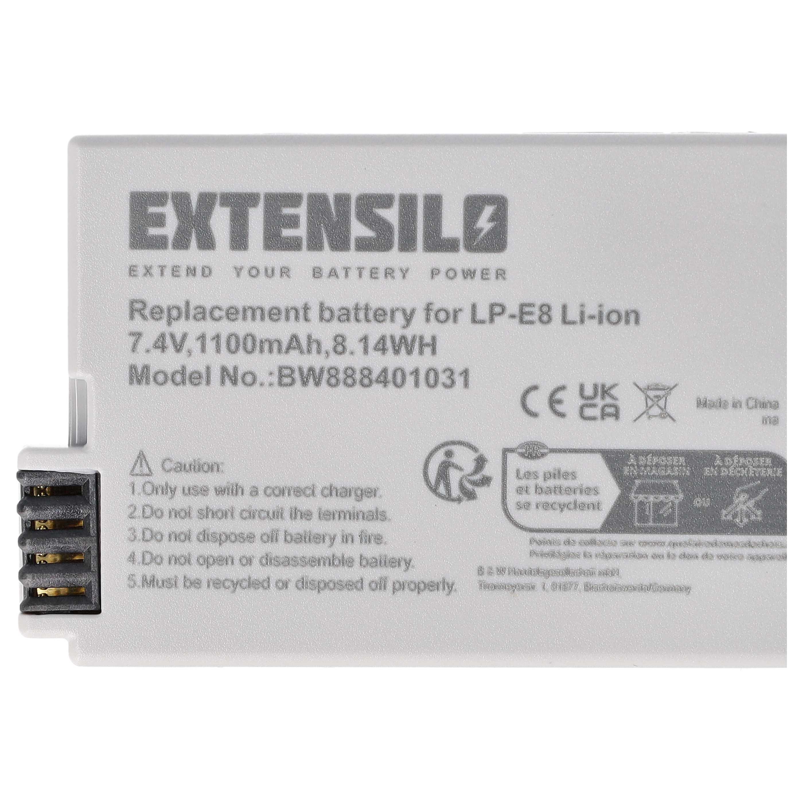 Ein weißes Akkupack mit schwarzen Anschlüssen. Text enthält 'EXTENSILO', 'Li-ion' und Sicherheitshinweise.