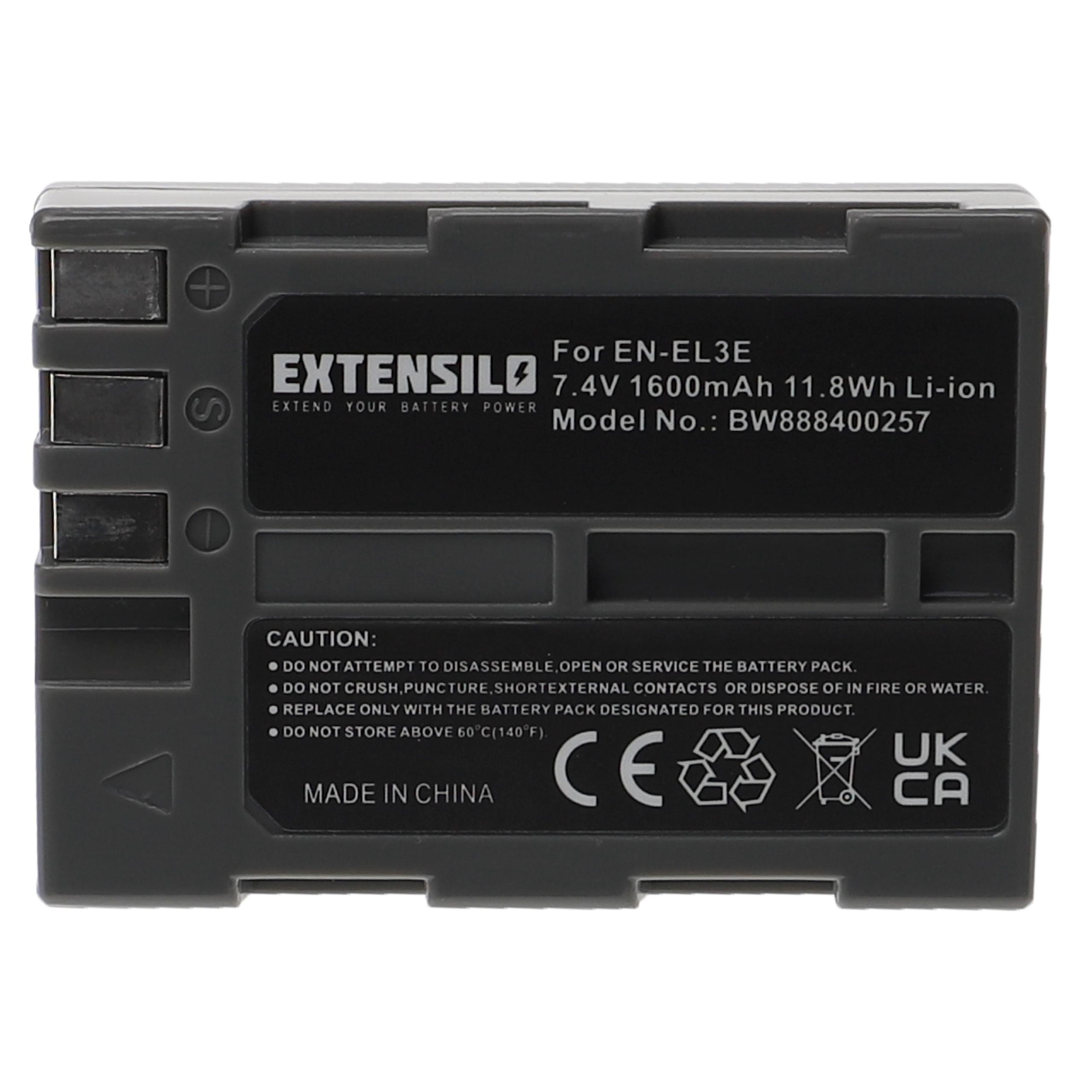 Ein grauer Akku mit Text: Für EN-EL3E, 7,4 V 1600 mAh, Modellnummer, Vorsichtshinweise und verschiedene Symbole.