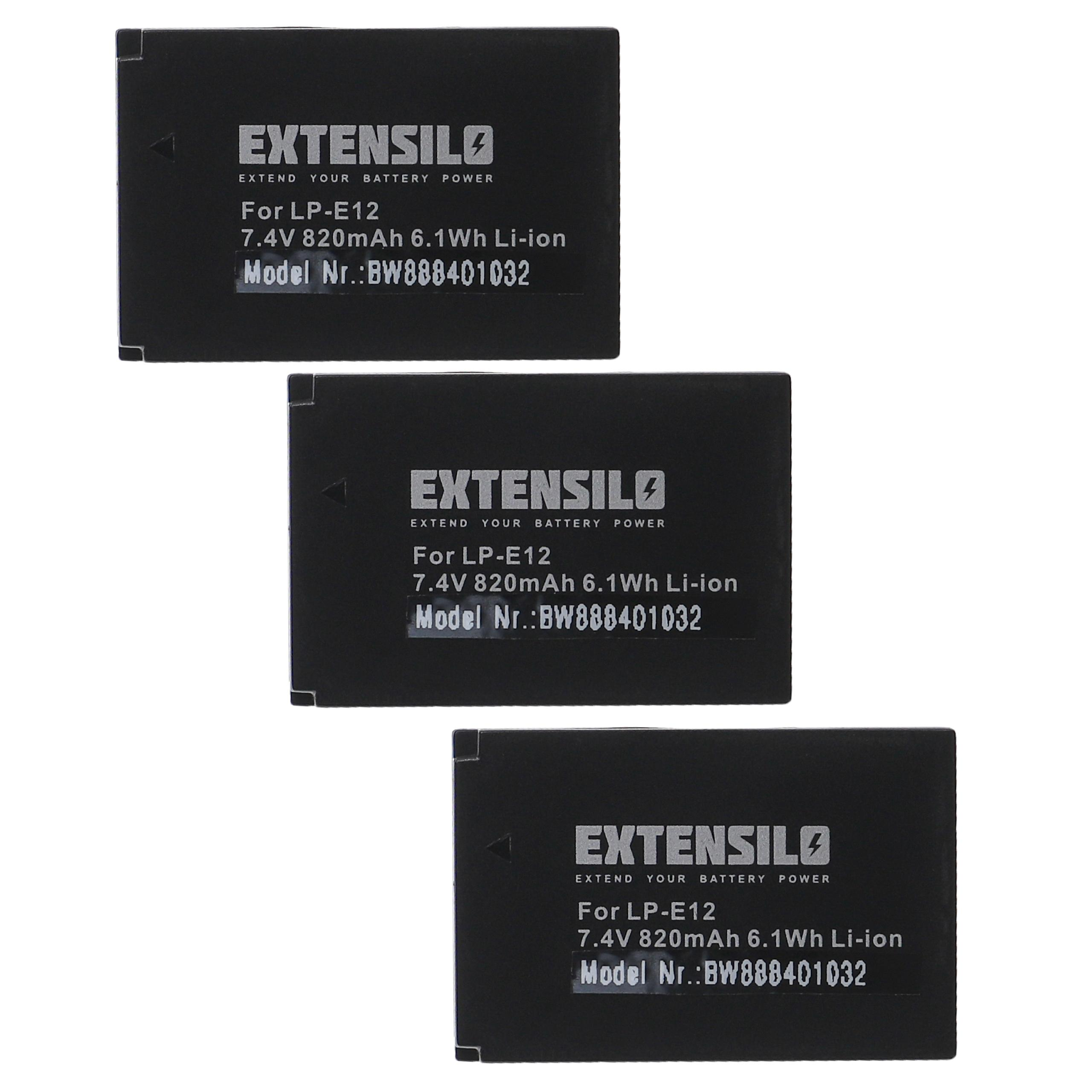 Drei schwarze Batterien mit weißem Text sind gestapelt. Jede lautet 'EXTENSILO' und 'For LP-E12 7.4V 820mAh 6.1Wh Li-ion'.