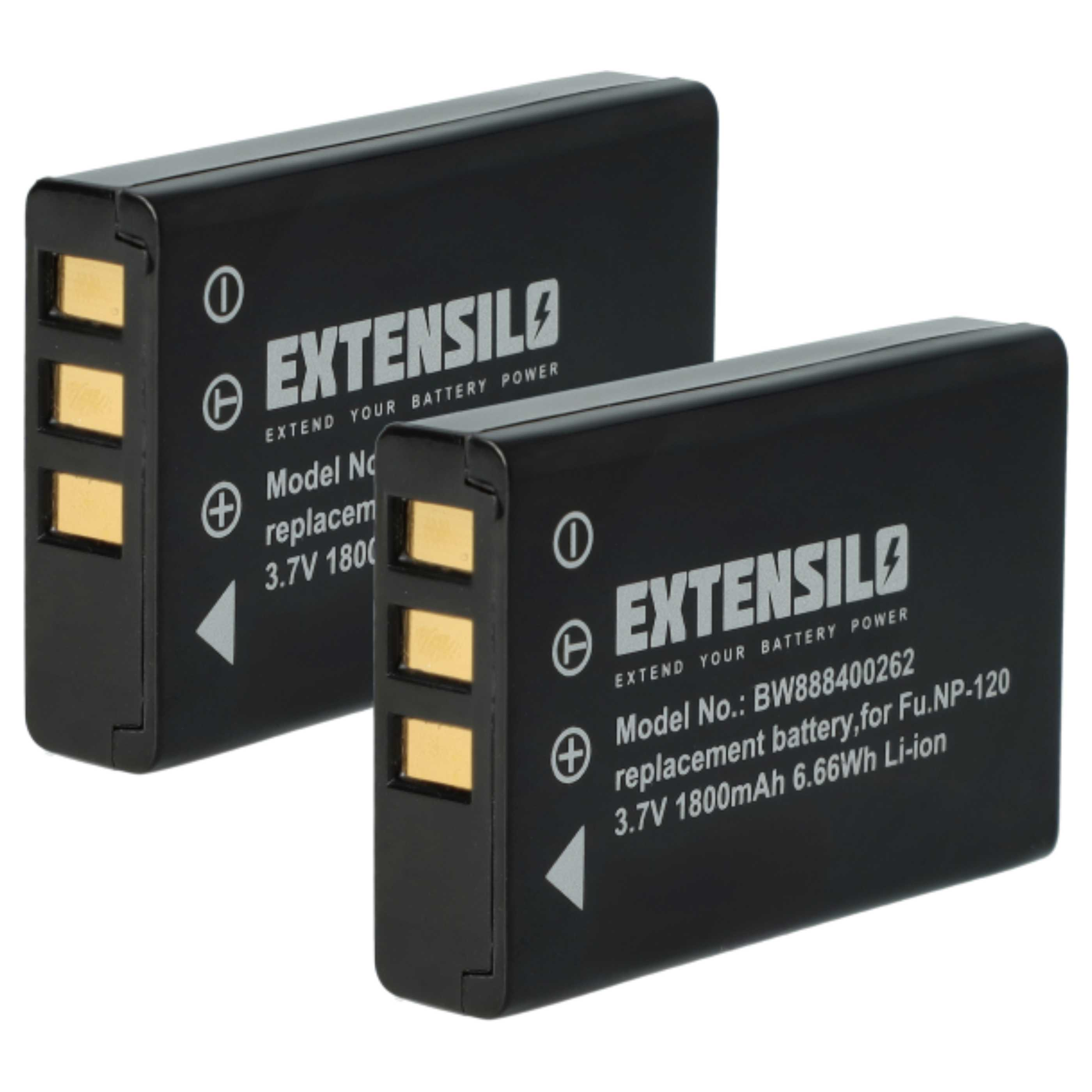 Zwei schwarze EXTENSILO-Batterien. Jede hat weißen Text, ein Dreieck und goldene Kontakte.