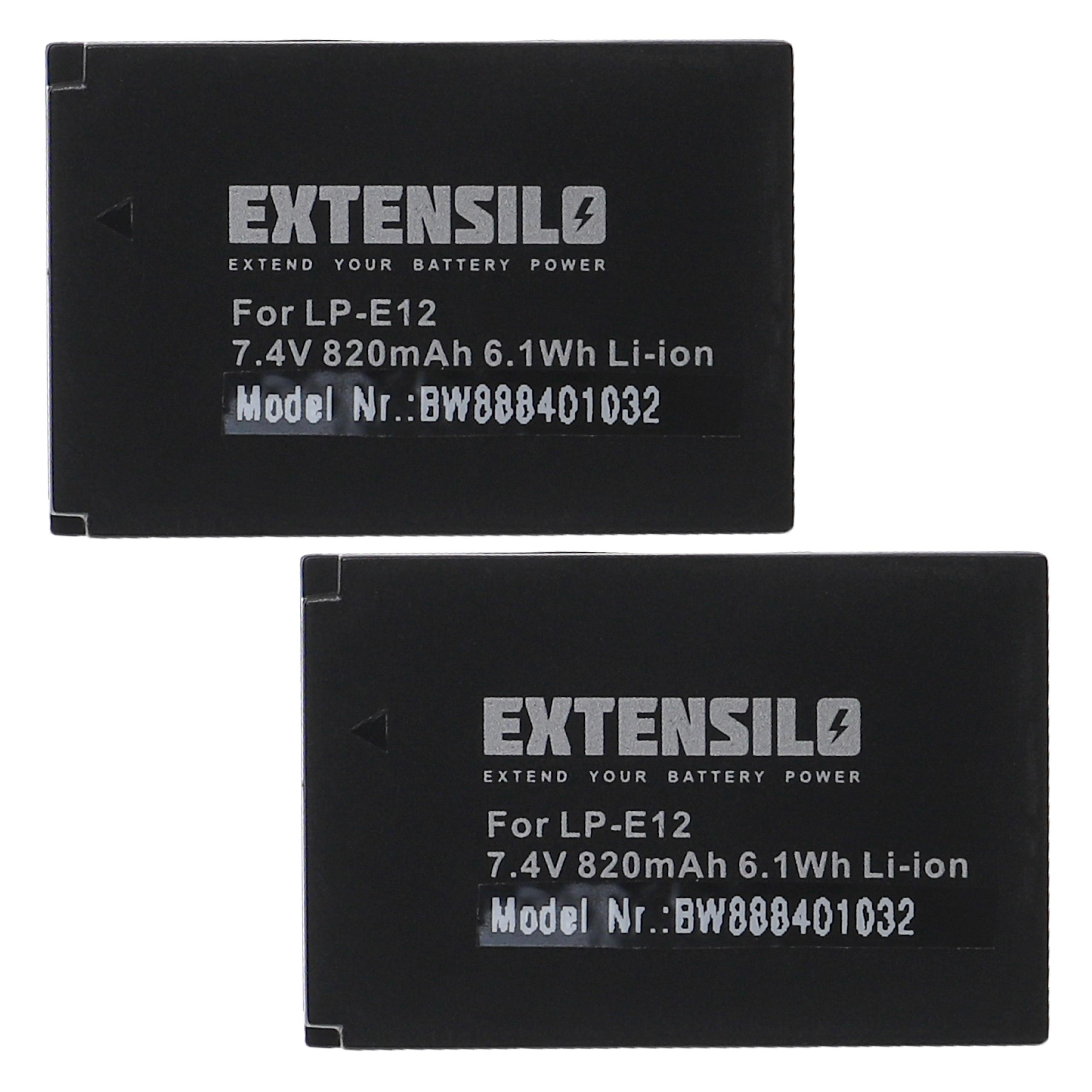 Zwei schwarze Kameraakkus mit weißem Text. Jeder lautet EXTENSILO, Für LP-E12 und Modellnummer BW888401032.