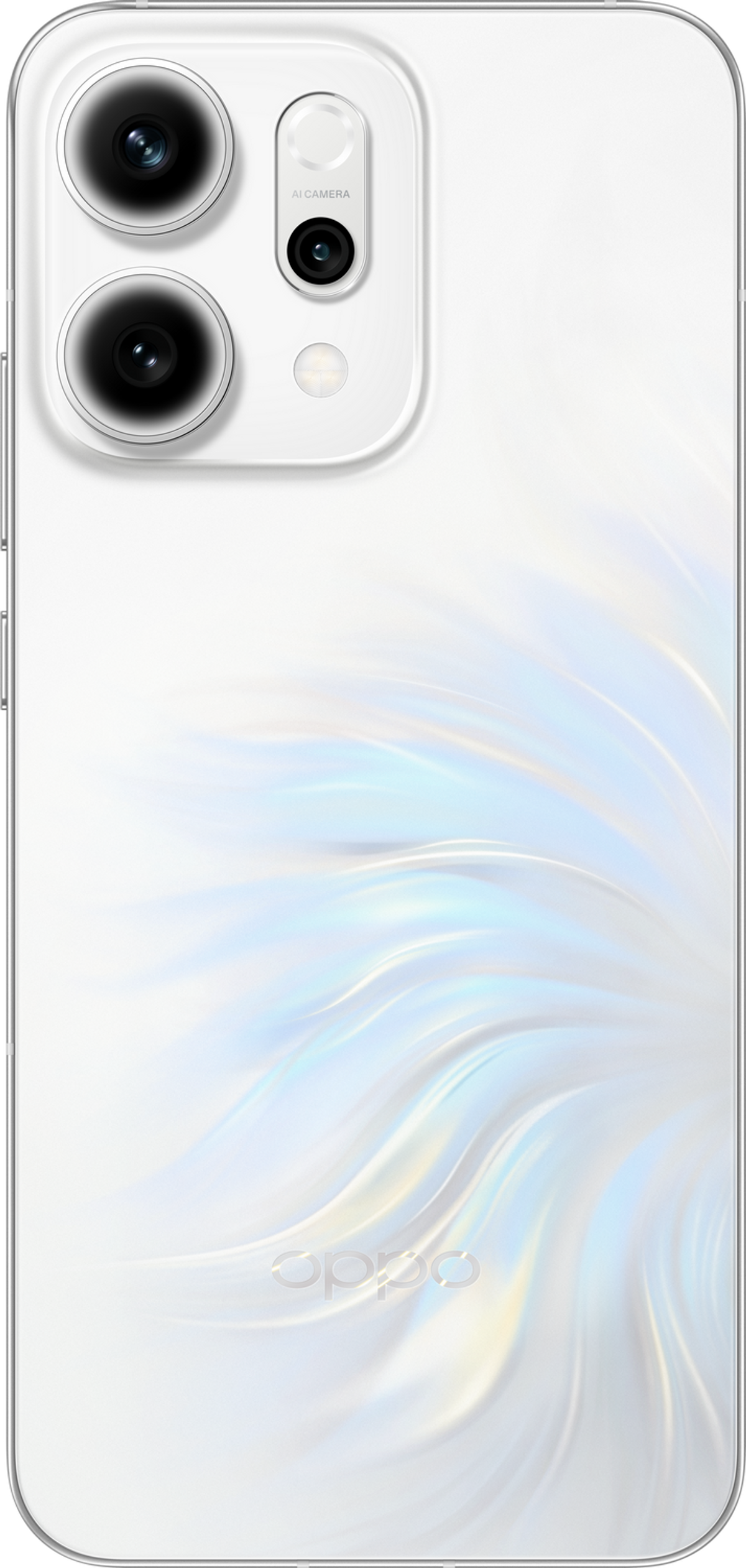 Tył białego smartfona z wieloma aparatami. Tył ma płynny, iryzujący design. Widoczne logo Oppo.