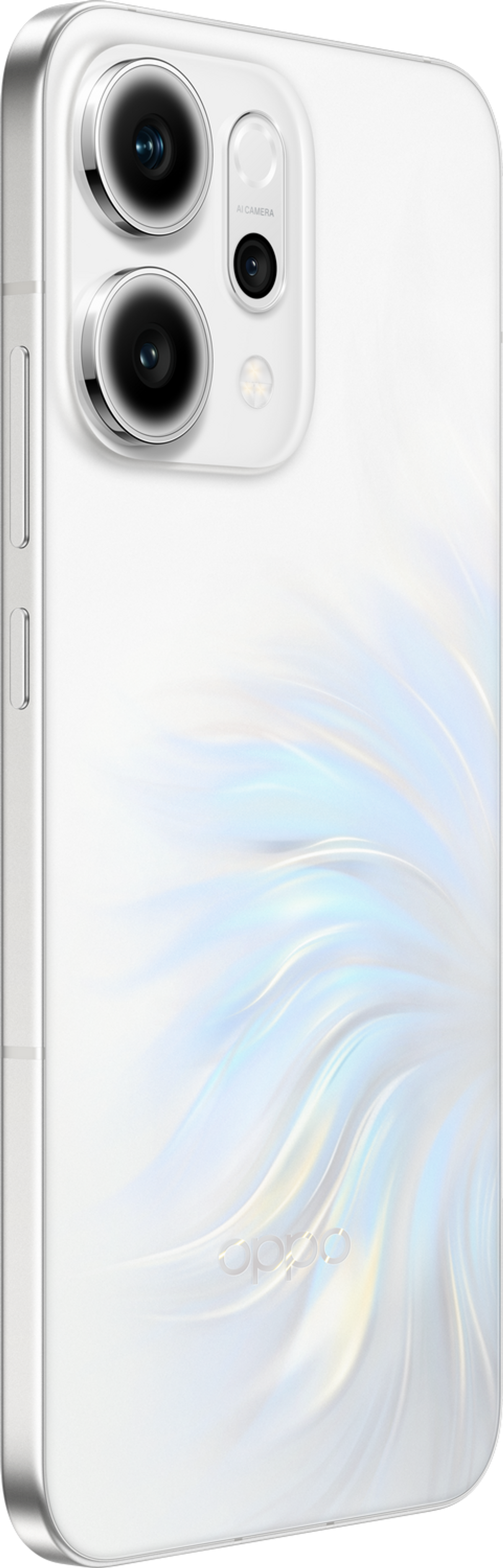 Biały telefon Oppo z trzema tylnymi aparatami. Tył ma wirujący wzór. Telefon znajduje się na białym tle.