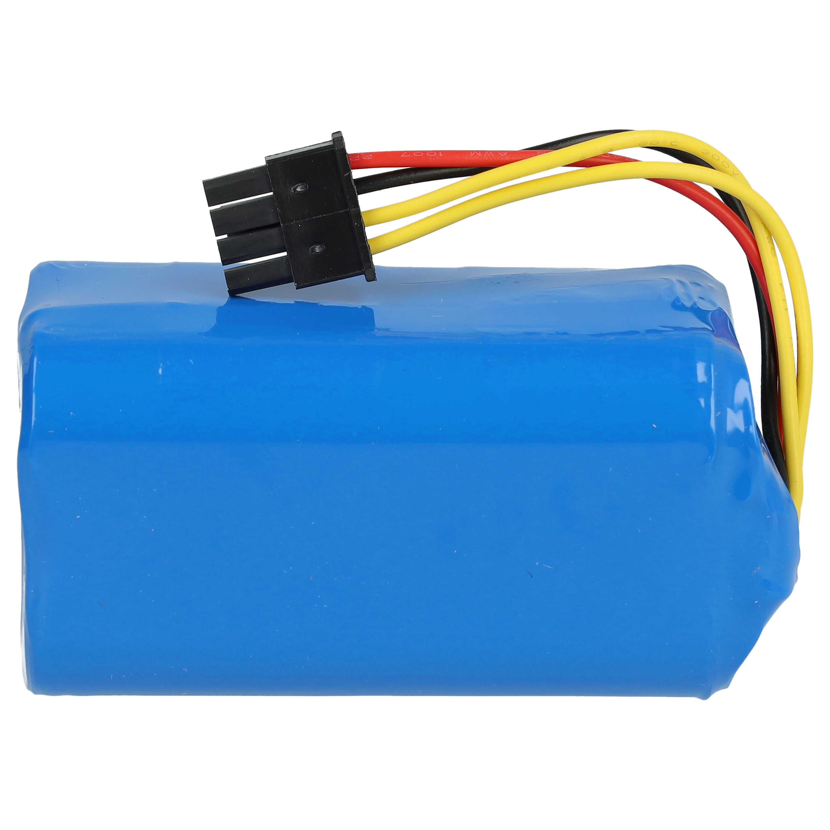 Ein blaues Akkupack mit einem schwarzen Stecker und roten, gelben und schwarzen Drähten.
