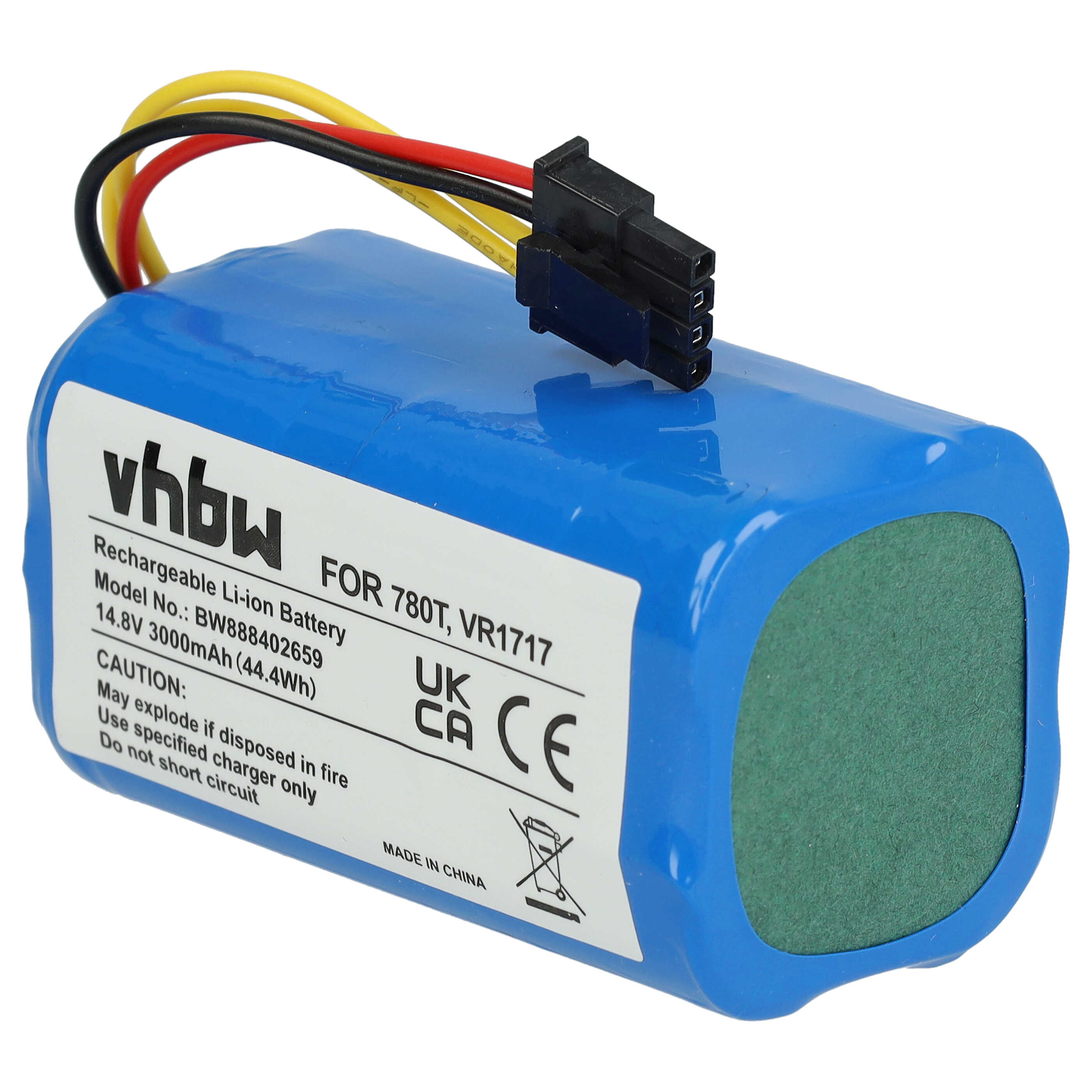 Ein blauer Akku mit Kabeln und Stecker. Mit weißem Etikett und grünem Ende.