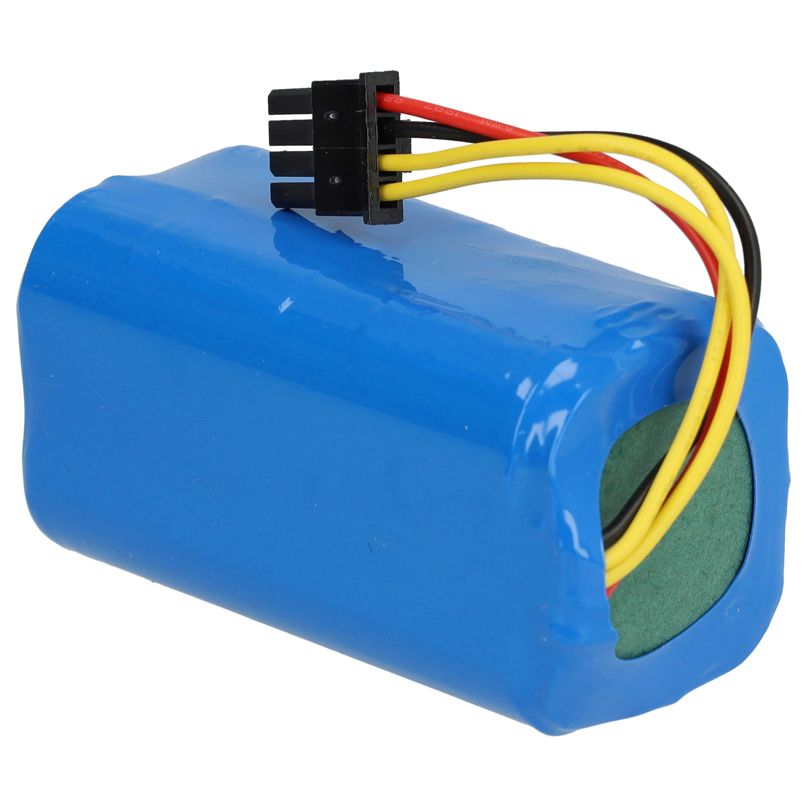 Ein blauer Akku mit schwarzem Stecker und Drähten, rot, gelb und schwarz, vor weißem Hintergrund.