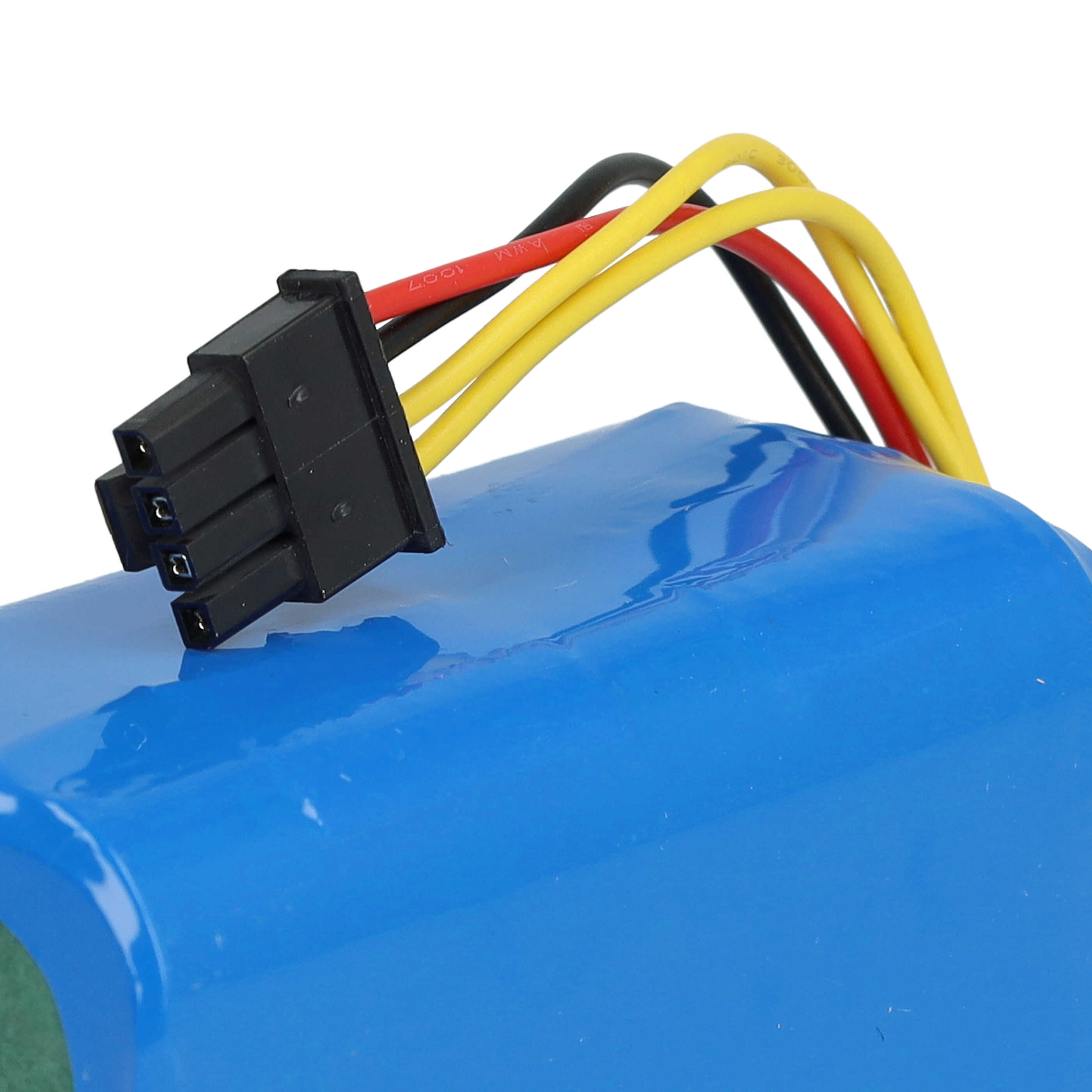 Ein blauer Akku mit schwarzen, roten und gelben Drähten, die mit einem schwarzen Stecker verbunden sind.