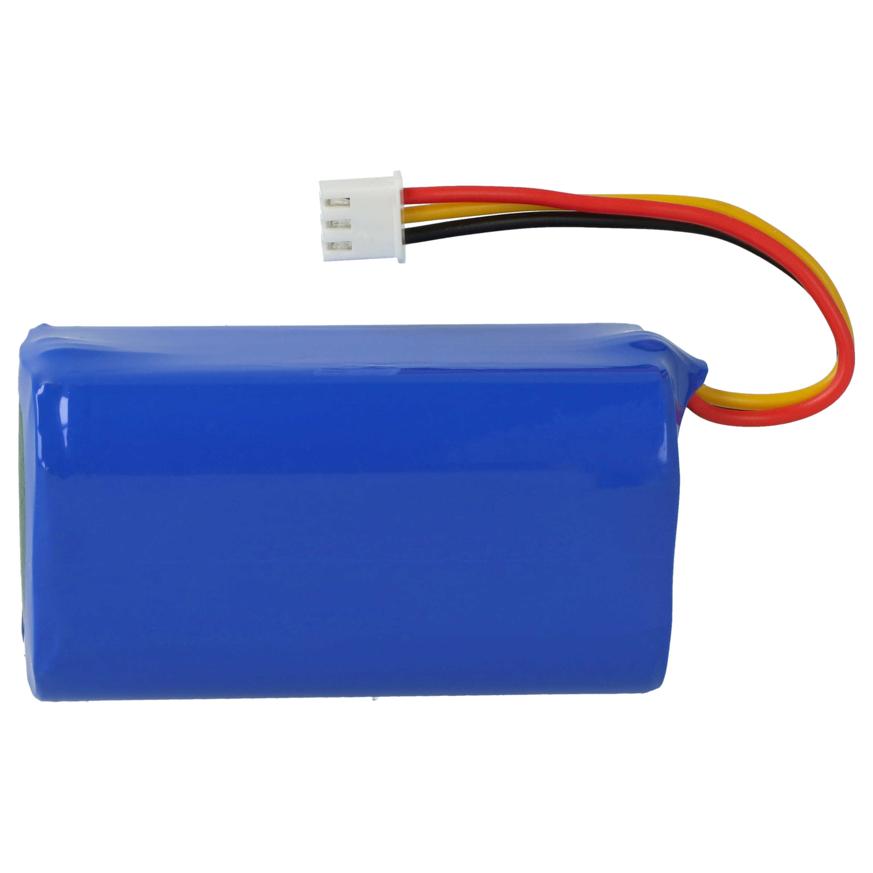 Ein blaues rechteckiges Akkupack mit einem weißen Stecker und roten, gelben und schwarzen Drähten.