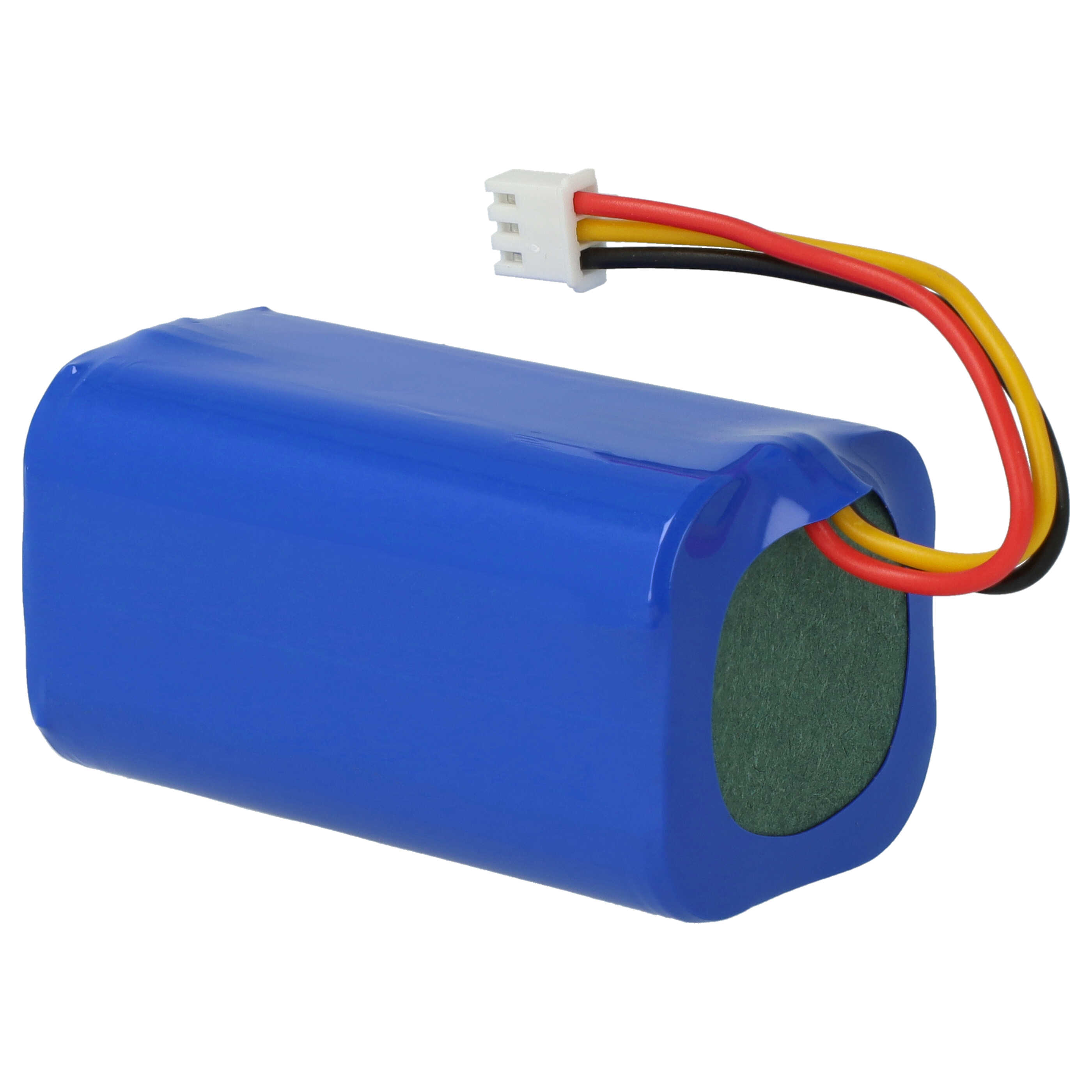 Ein blauer Akku mit Stecker und roten, gelben und schwarzen Drähten. Isoliert auf weißem Hintergrund.