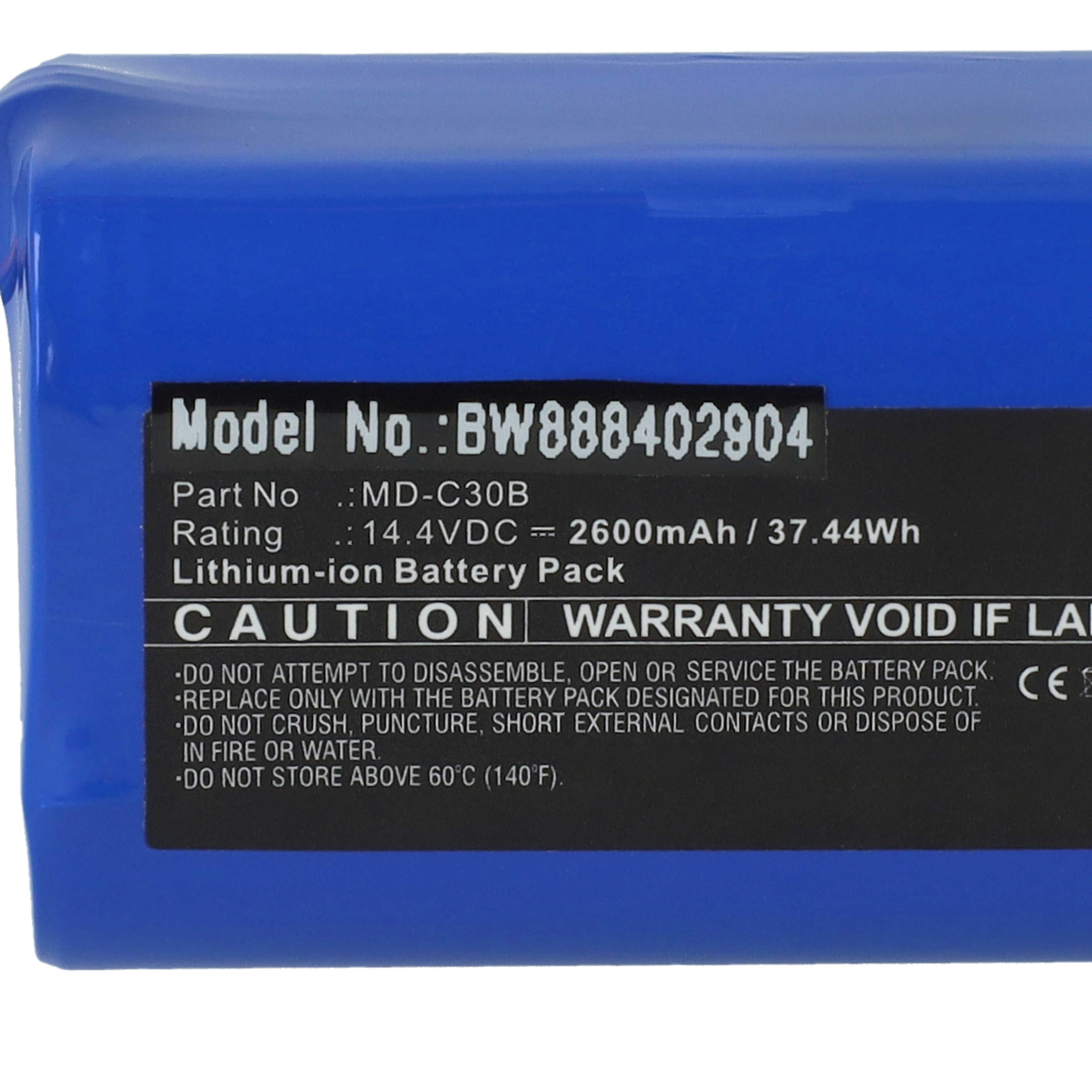 Ein blauer Akku mit Text: Modell-Nr., Teilenr., Bewertung, Vorsicht, Garantie erlischt bei Entfernung des Etiketts.