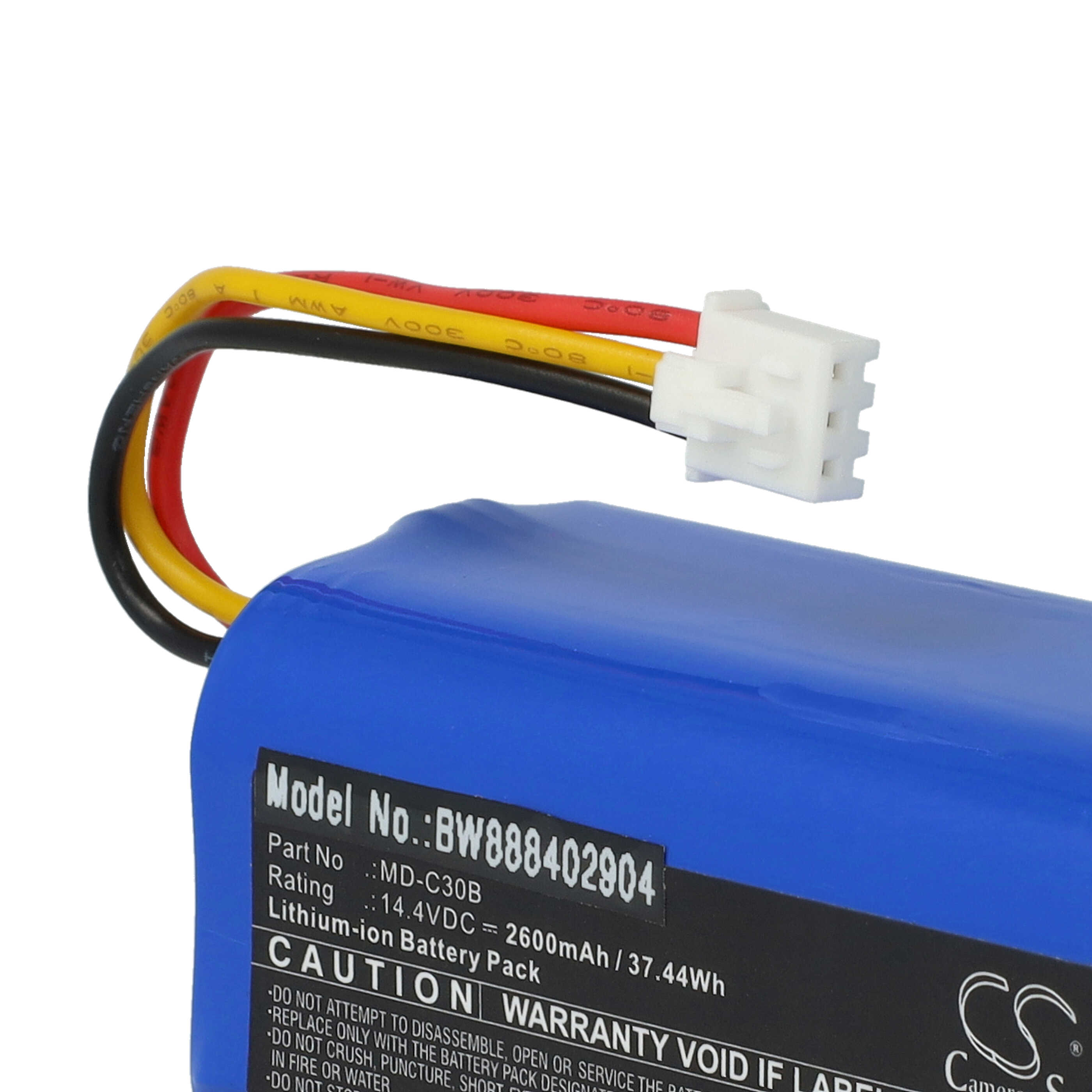 Ein blauer Akku mit angebrachten Drähten (schwarz, rot und gelb) und einem weißen Stecker. Text auf der Batterie.
