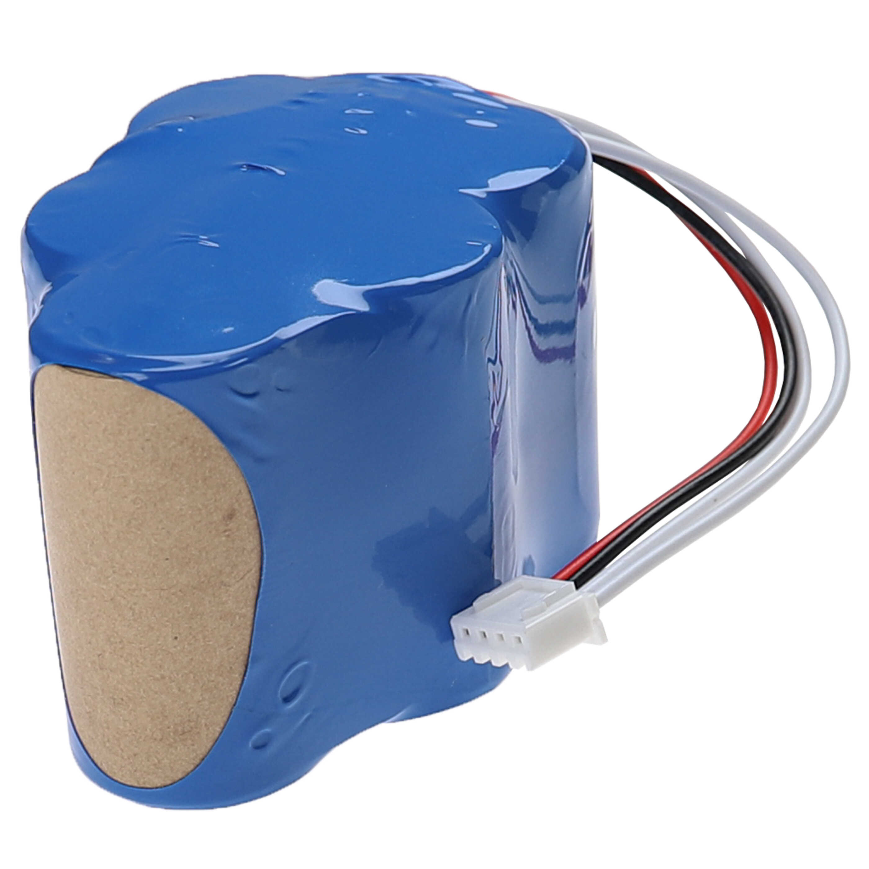 Ein blaues Batteriepack mit Drähten und einem Stecker. Es ist in blaues Plastik gewickelt, mit braunem Etikett.