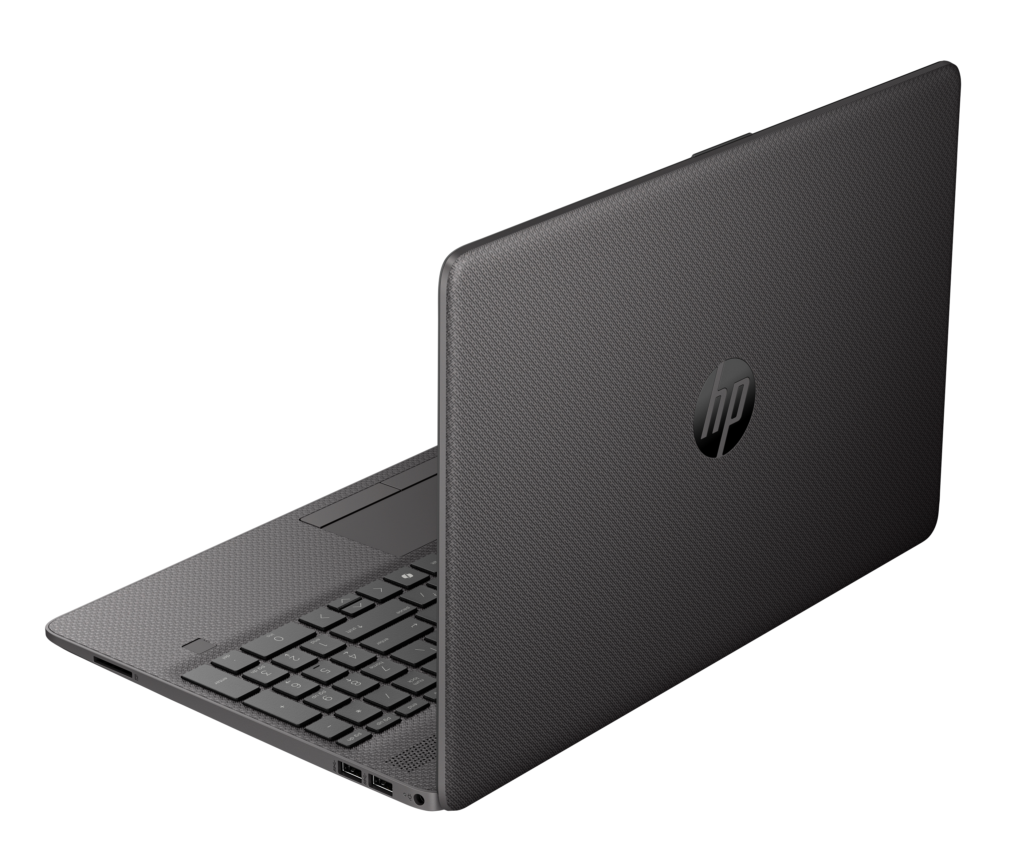 Un laptop HP grigio scuro è aperto, angolato verso destra. Tastiera e schermo sono visibili, su sfondo bianco.