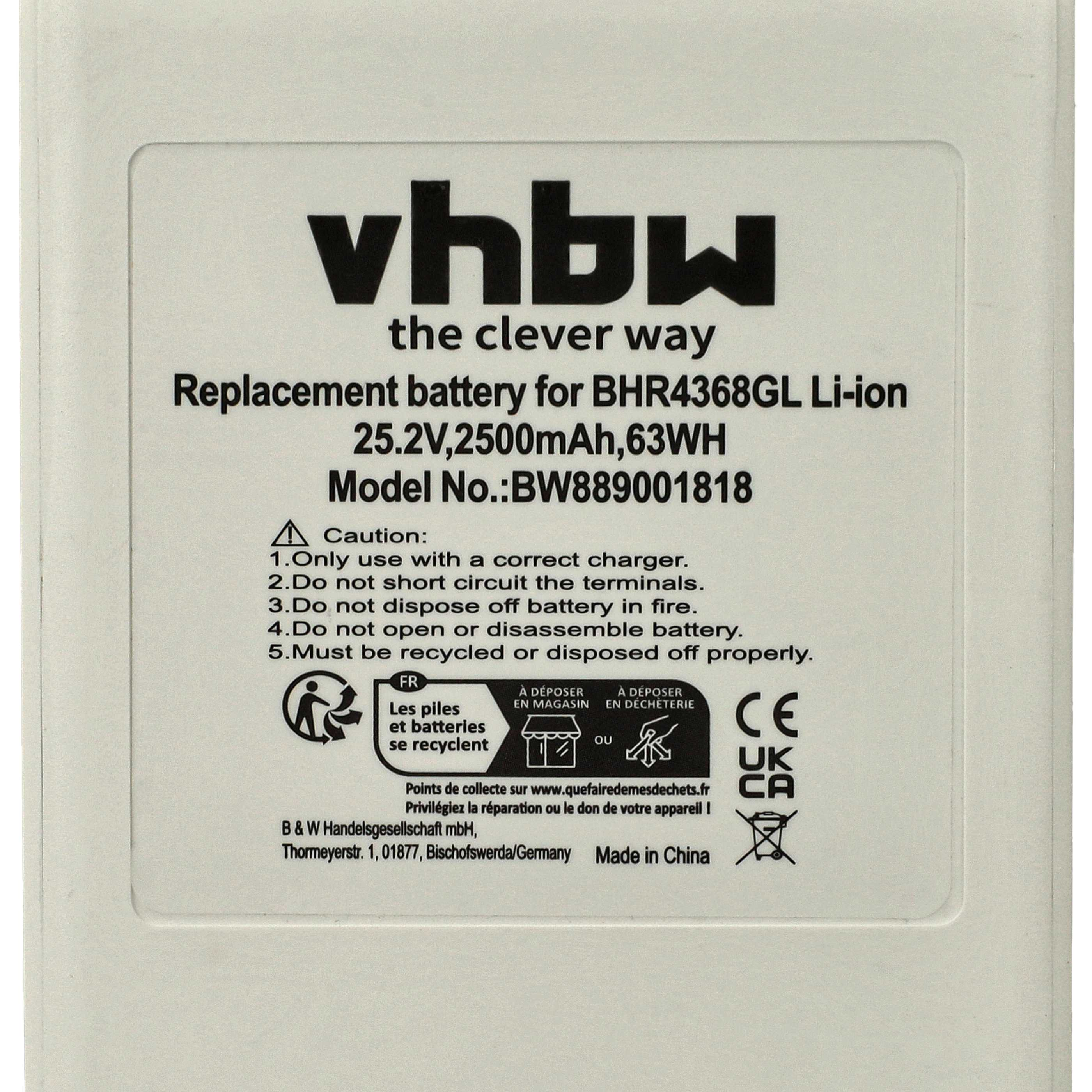 Weiße Batterie mit schwarzem Text, darunter das Logo 'vhbw', Warnhinweise und Recycling-Symbole. Text mit Modell u. Spezifikationen.