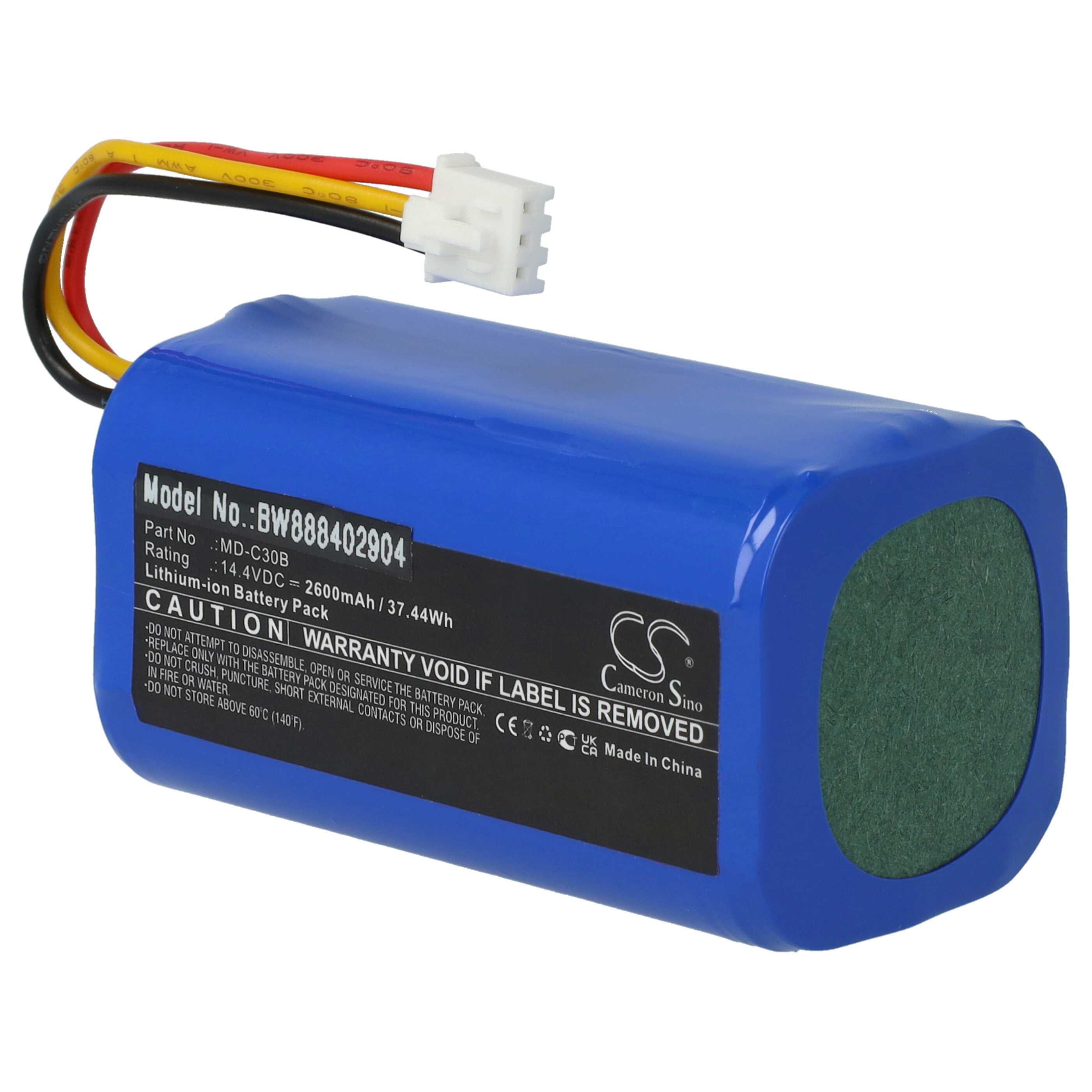 Ein blaues Akku-Pack mit schwarzem Text. Drähte in Gelb, Rot und Schwarz verbinden sich mit einem weißen Stecker.