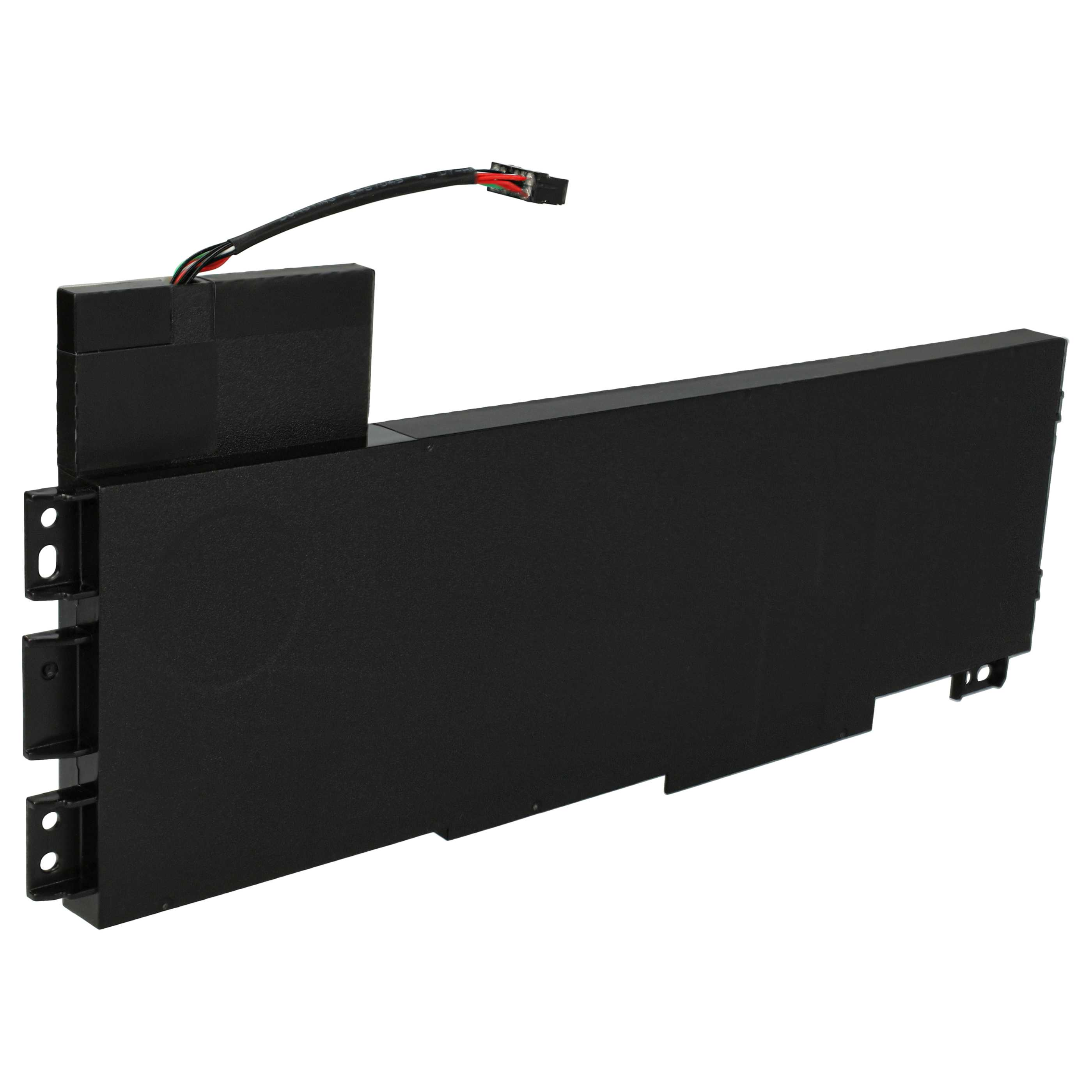 Schwarze elektronische Komponente mit Drähten und Steckern. Es hat eine rechteckige Form mit mehreren Abschnitten und Befestigungslöchern.