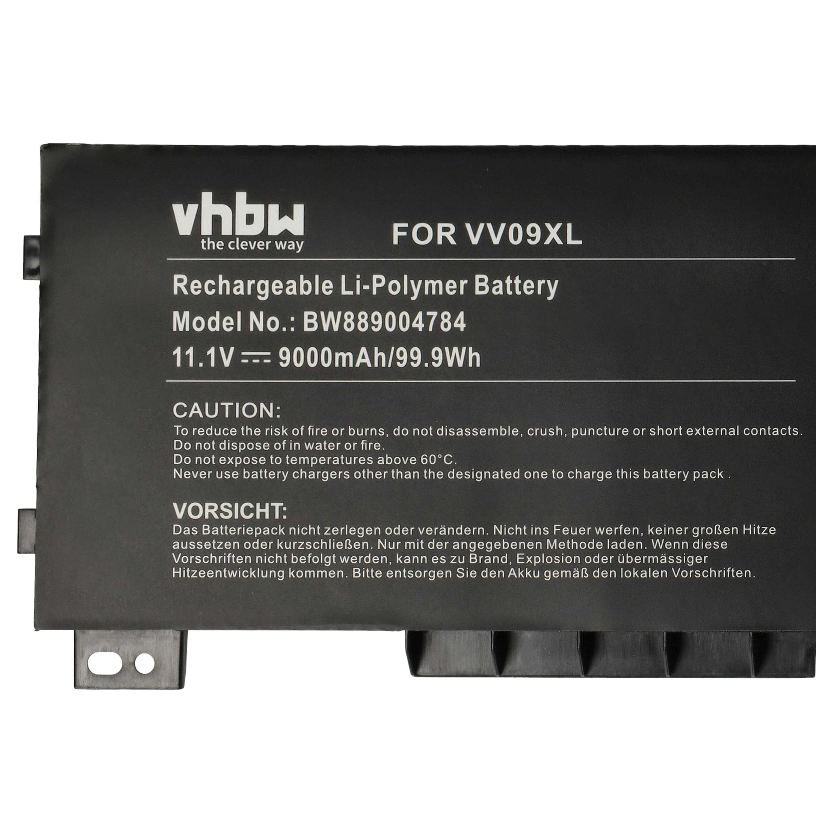 Schwarzer Akku mit weißem Text, einschließlich Warnungen und Spezifikationen wie 11,1 V und 9000 mAh/99,9 Wh.