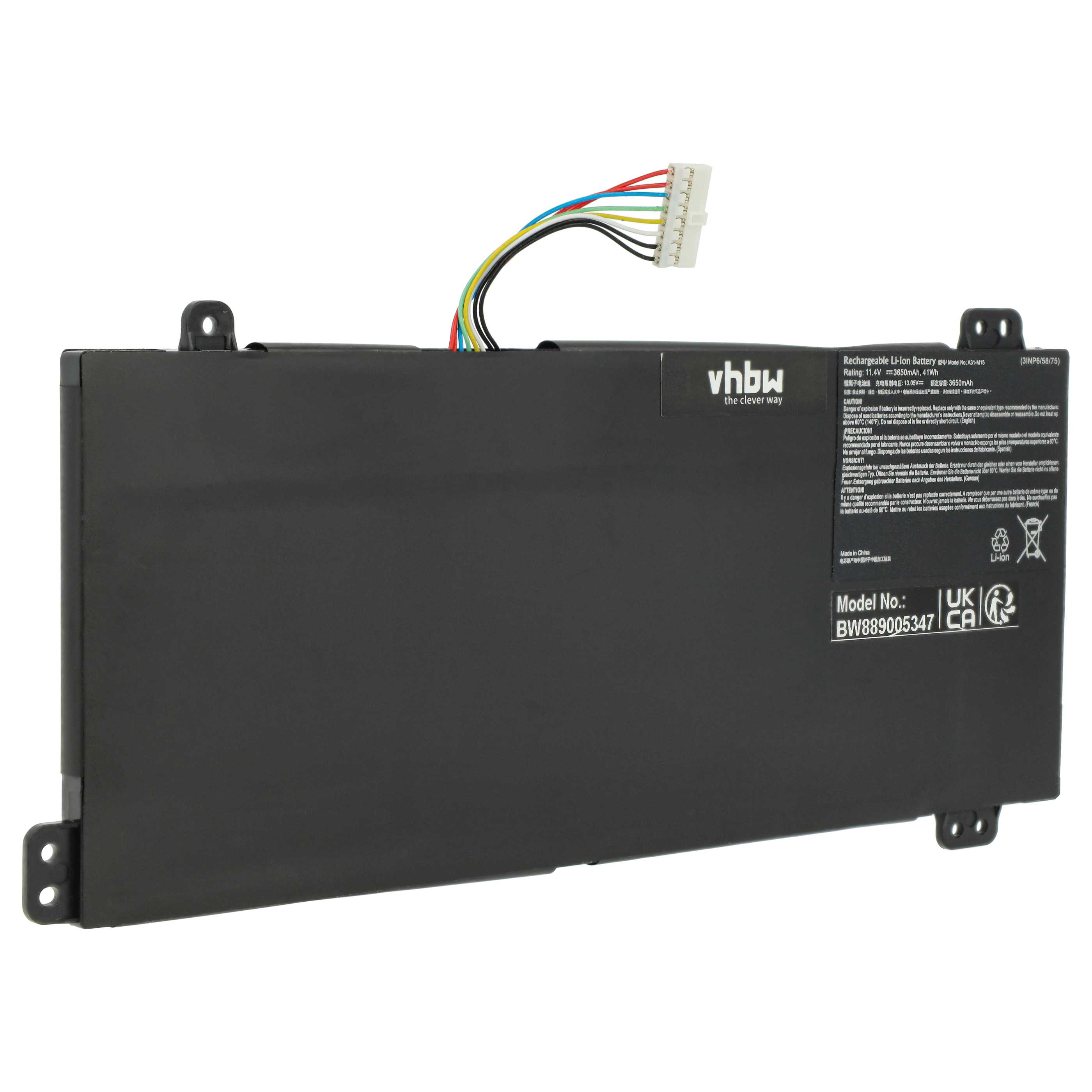 Schwarzer Laptop-Akku mit Stecker und bunten Kabeln. Text und Logos sind auf dem Akku sichtbar.