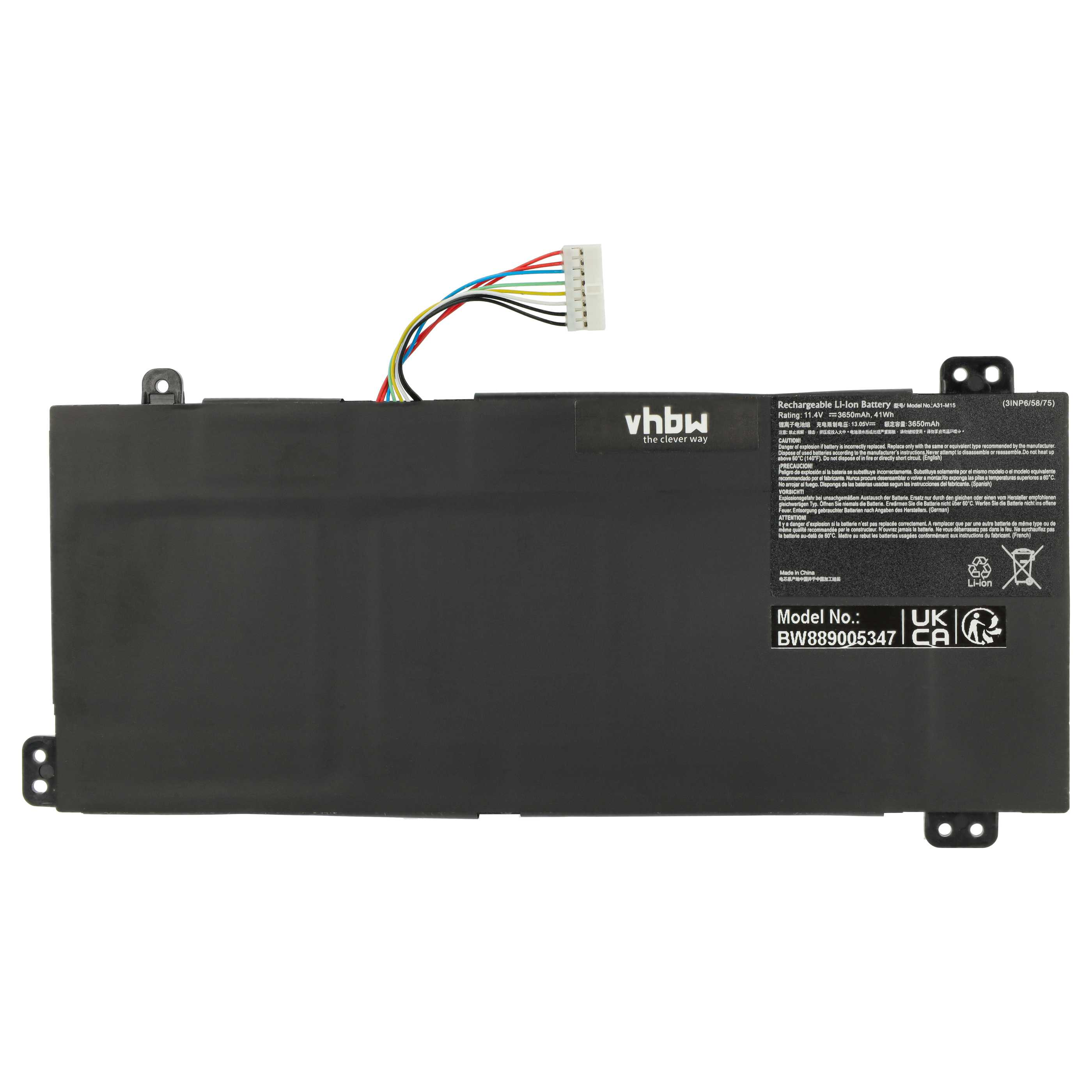 Schwarzer Laptop-Akku mit Stecker und Warnhinweisen. Text in Englisch, Deutsch, Spanisch und Französisch.