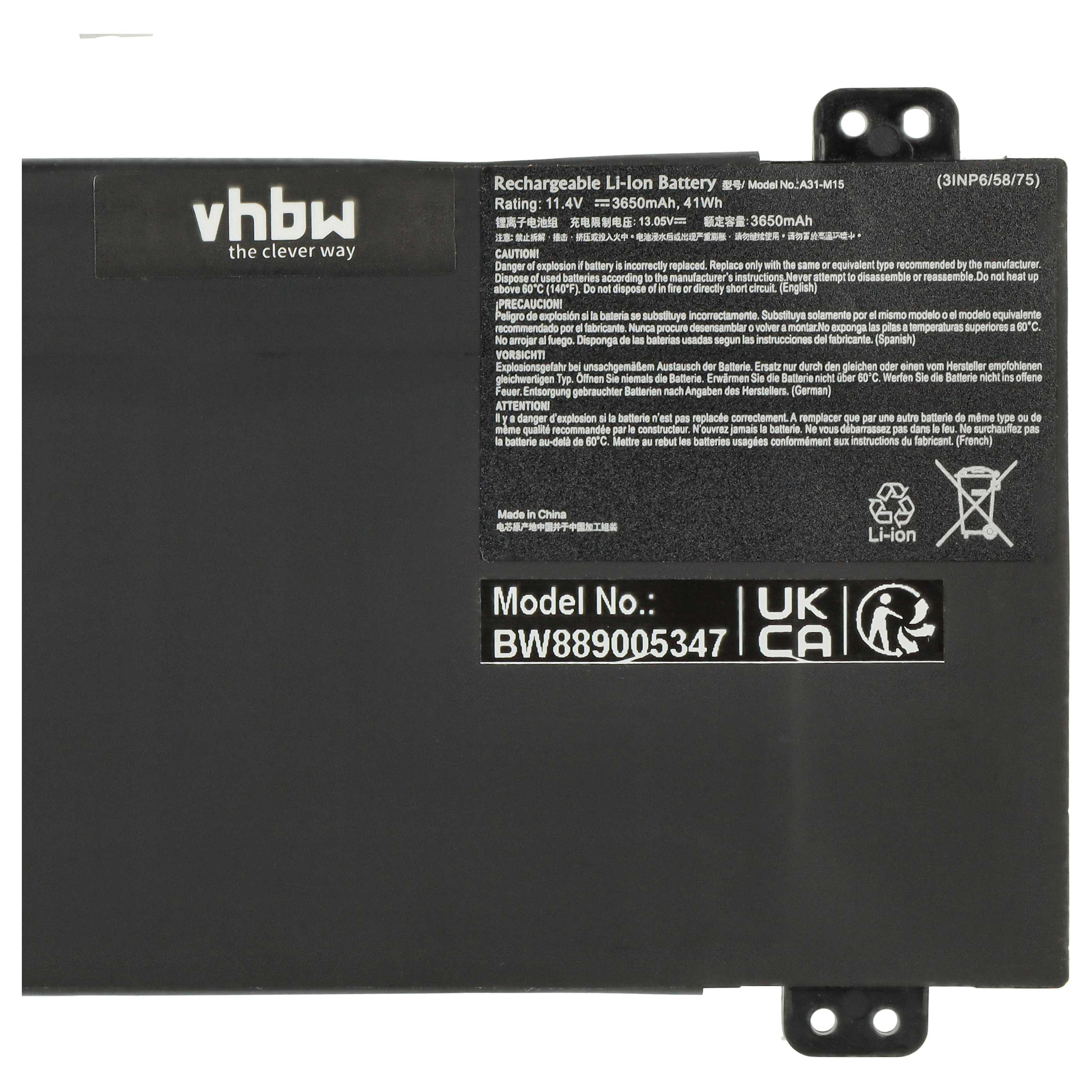 Schwarzer Akku mit weißem Text. Text enthält 'Rechargeable Li-ion Battery' und 'Model No.: BW889005347'.
