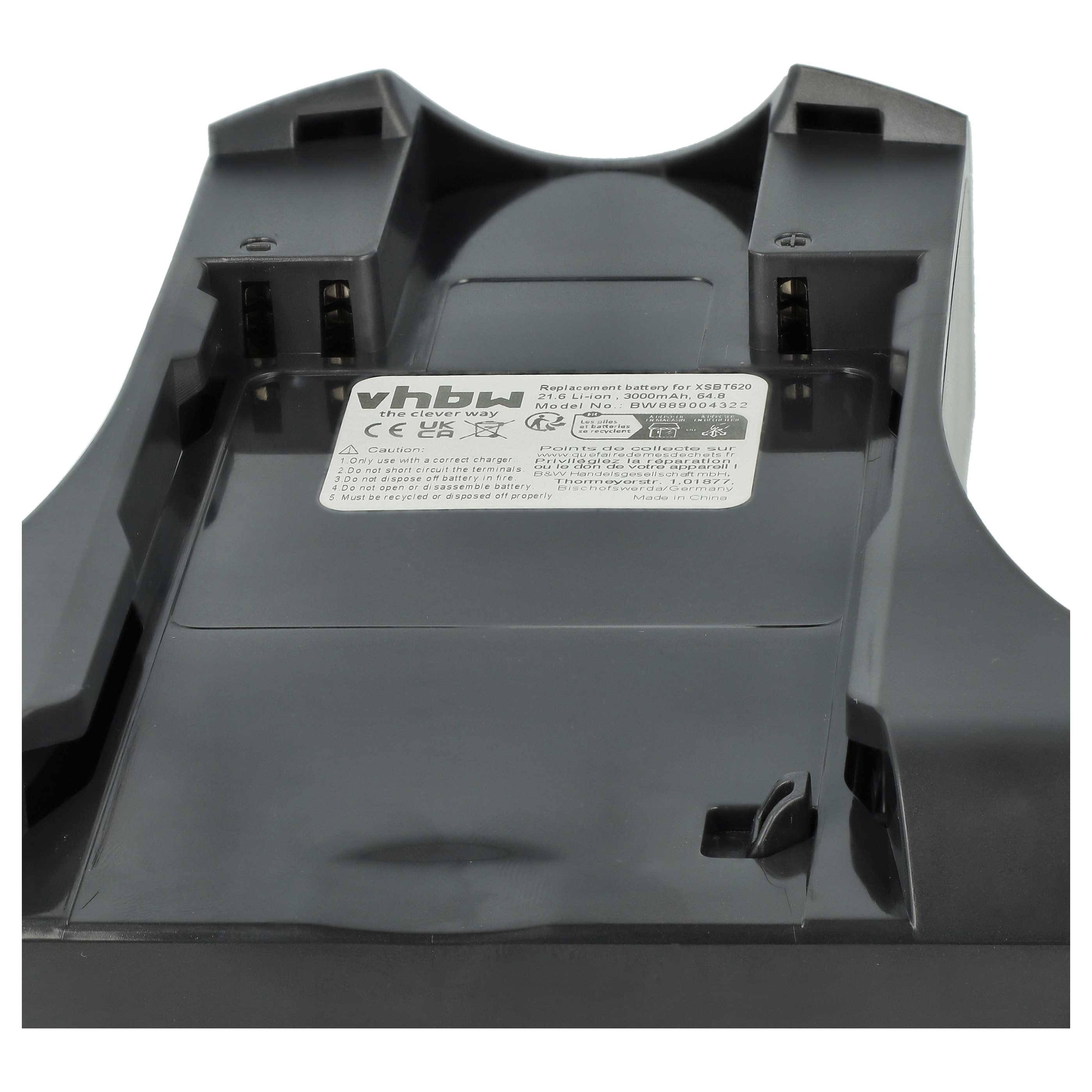 Ein schwarzes Batterieladegerät mit dem Logo 'vhbw' und einem Warnhinweis ist sichtbar.
