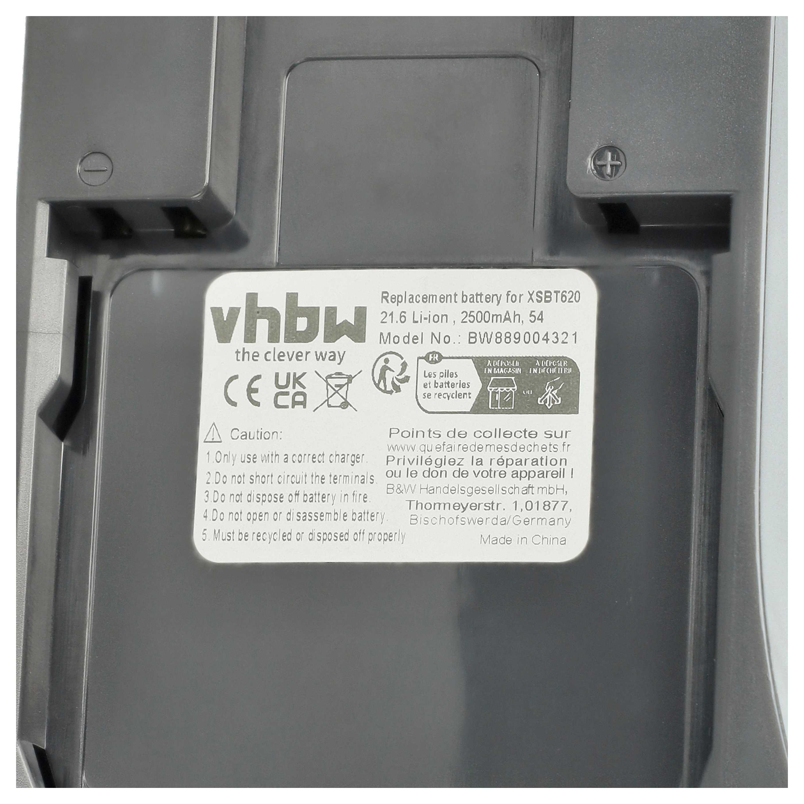 Ein Akku-Pack mit vhbw-Logo und Text. Enthält Warnhinweise und Recycling-Symbole. Text enthält Modell- und Kapazitätsangaben.