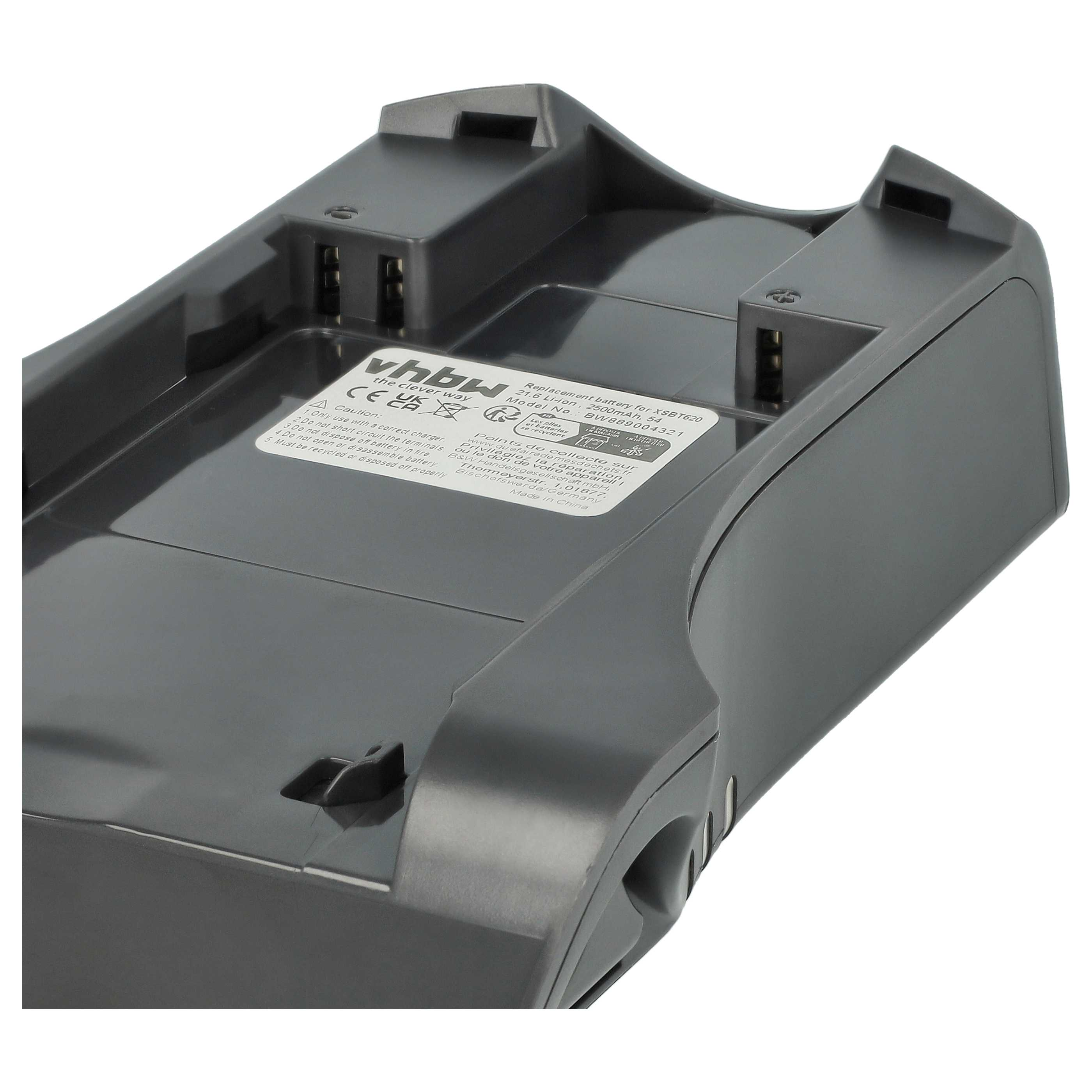 Graue und schwarze Ersatzbatterie mit Aufkleber, der Spezifikationen und Warnhinweise enthält. Oberteil hat Schlitze.
