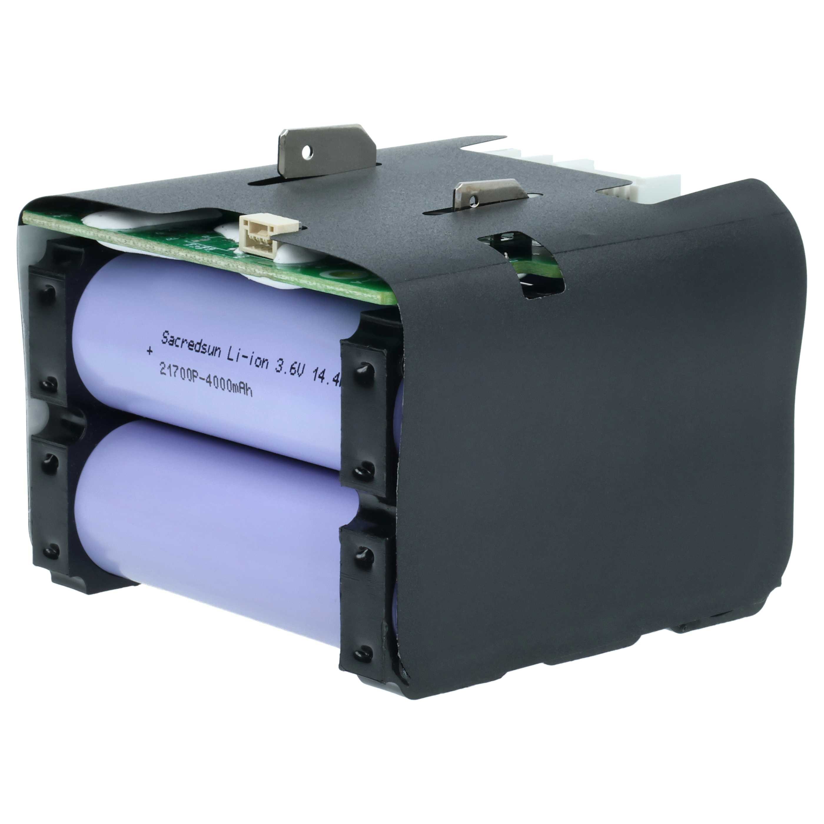 Ein Lithium-Ionen-Akkupack mit zwei zylindrischen Zellen und schwarzem Gehäuse. Die Zellen sind mit 'Sacredsun Li-ion 3,6V' gekennzeichnet.